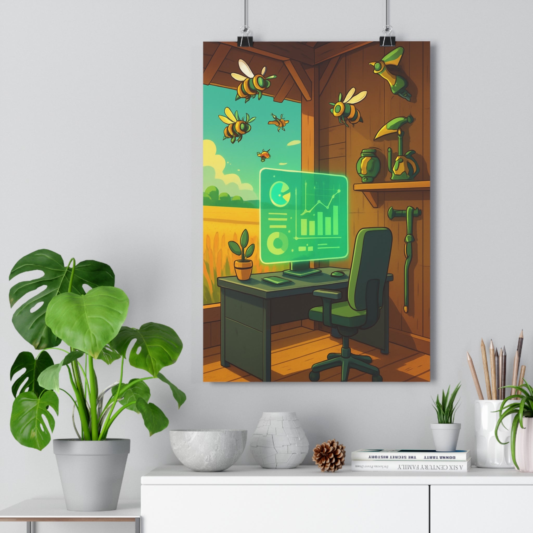 Poster décoratif surréaliste nature technologie lumineux coloré bureau chambre harmonieux futuriste abeilles paysage qualité