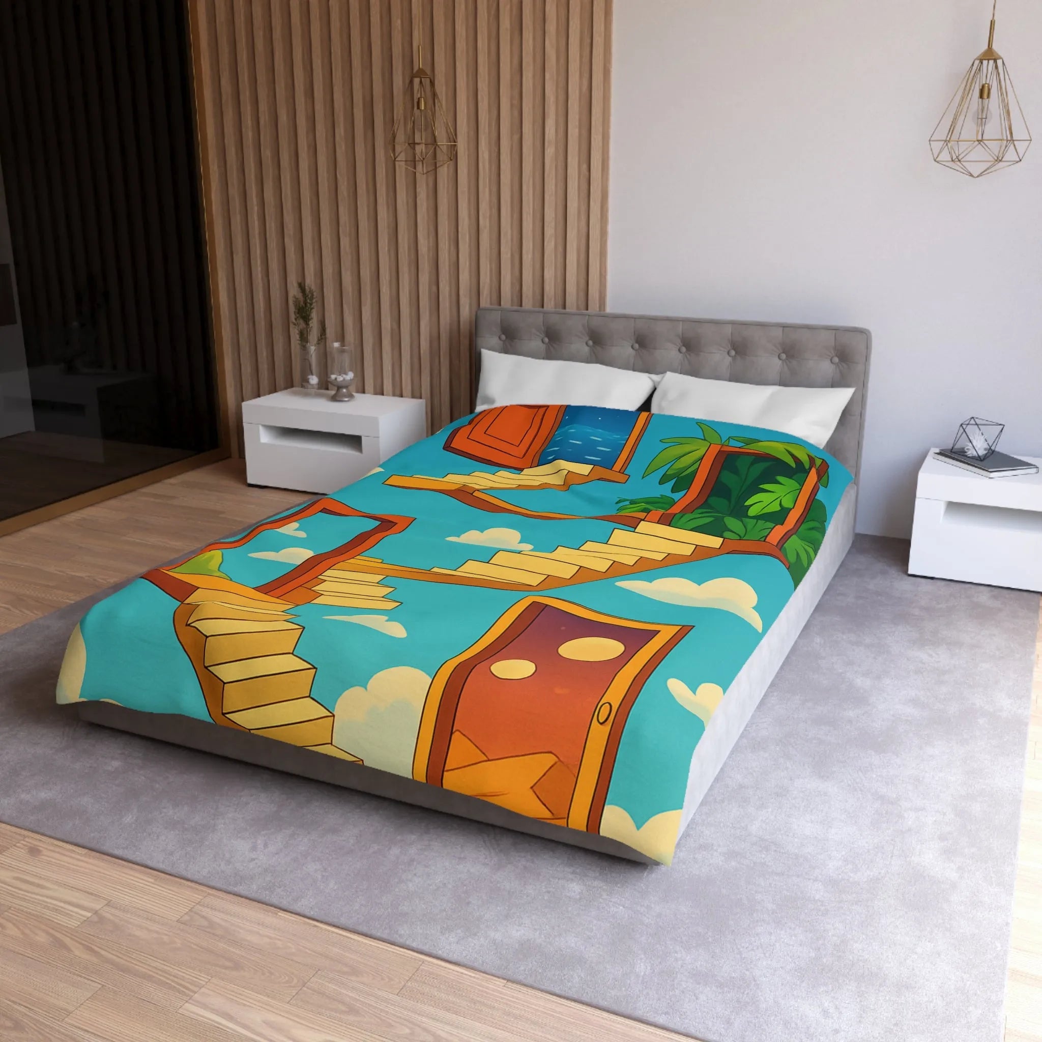 Housse de couette avec escaliers infinis et paysage surréaliste, ciel étoilé