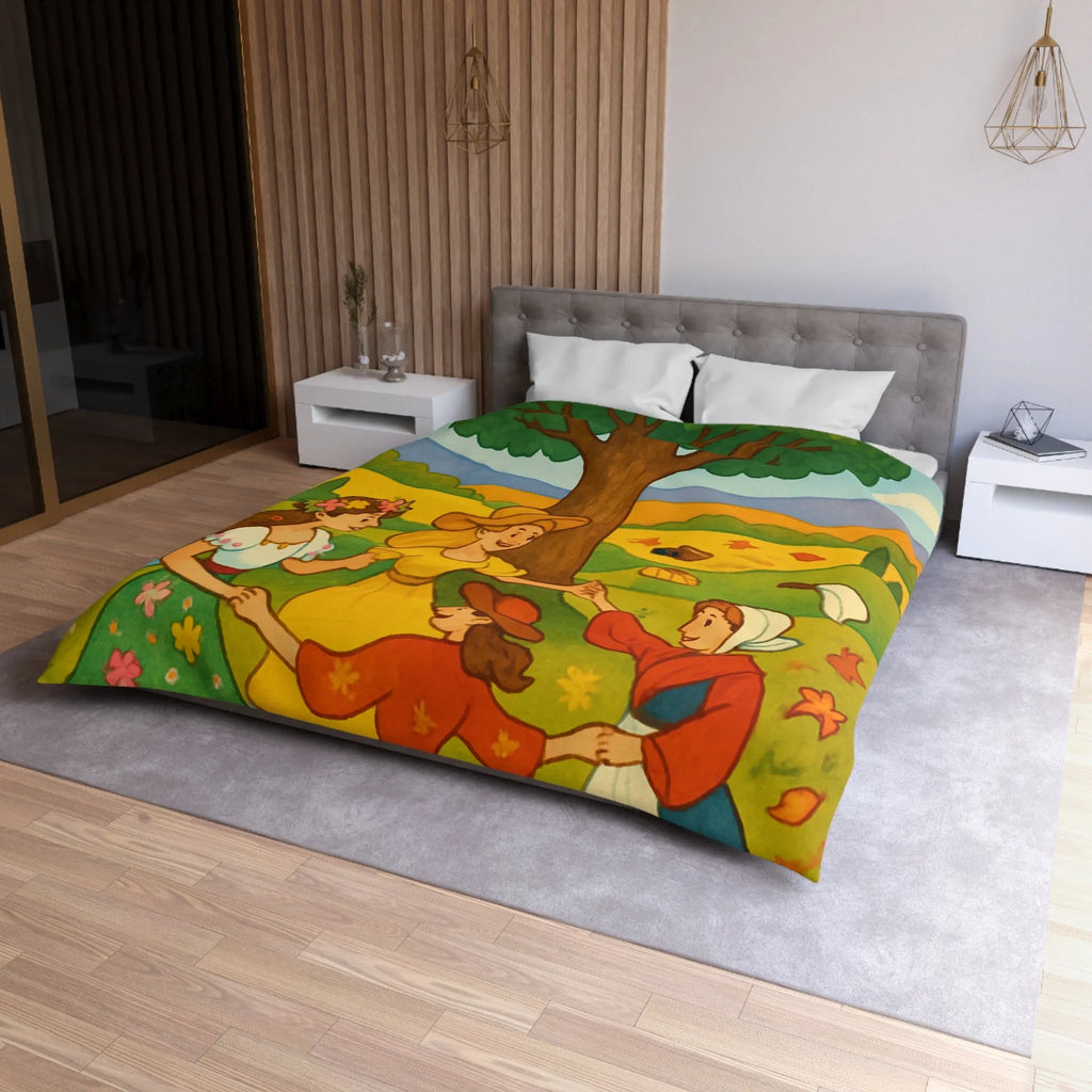 Housse de couette champêtre aux motifs de danseuses rondes et paysage bucolique coloré