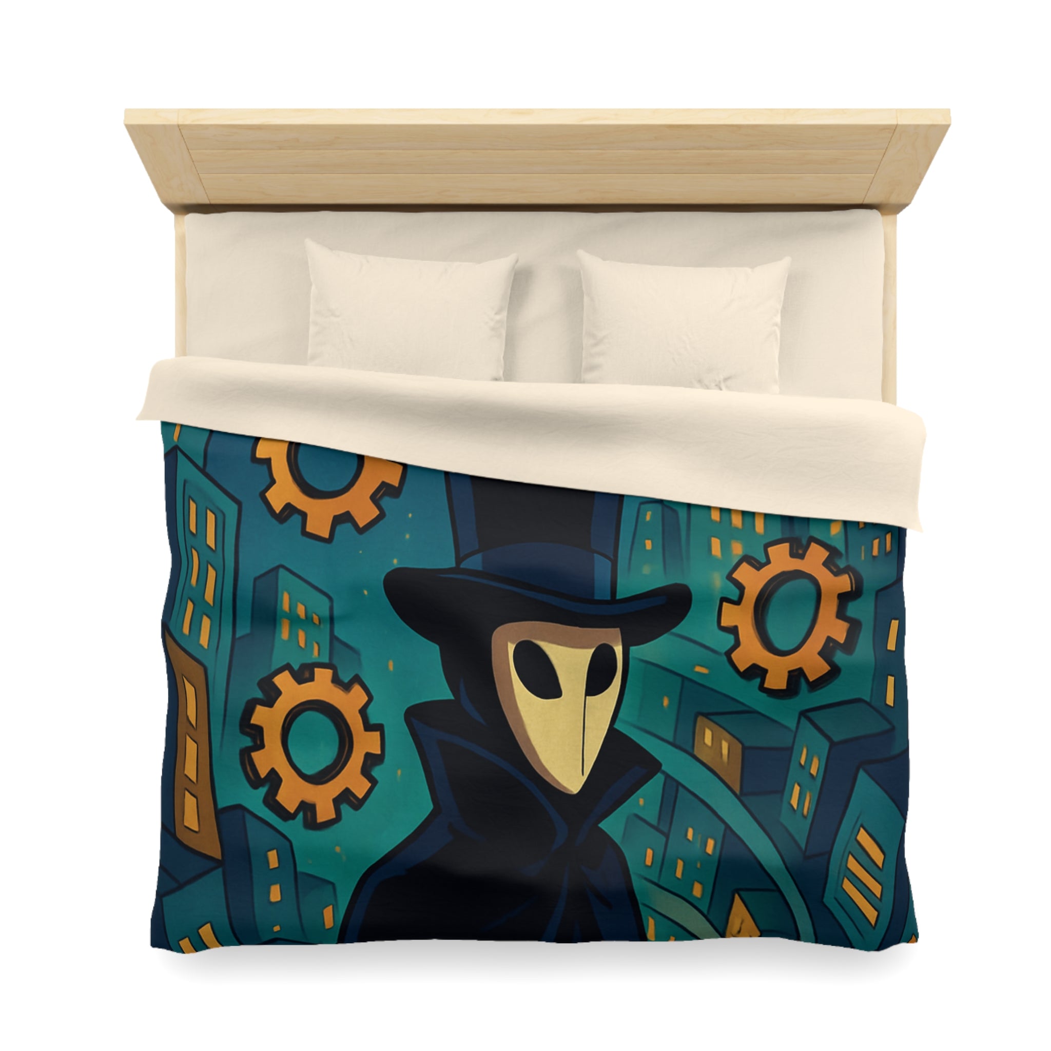 Housse de couette mystérieuse avec personnage masqué, engrenages dorés et ville nocturne