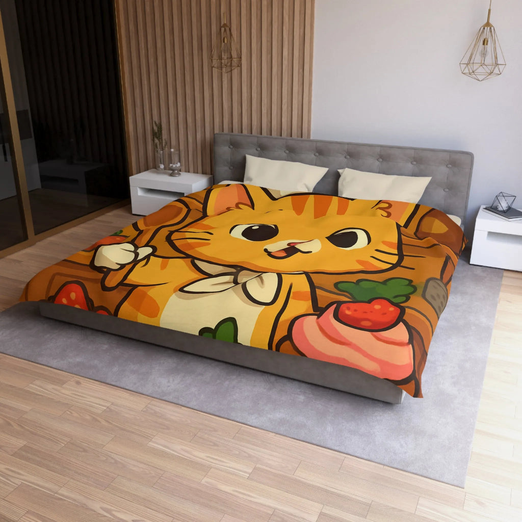 Housse de couette colorée avec chat cuisinier et pâtisseries dans une cuisine animée