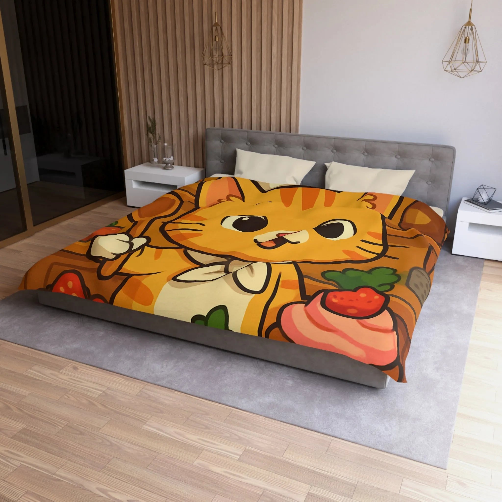 Housse de couette colorée avec chat cuisinier et pâtisseries dans une cuisine animée