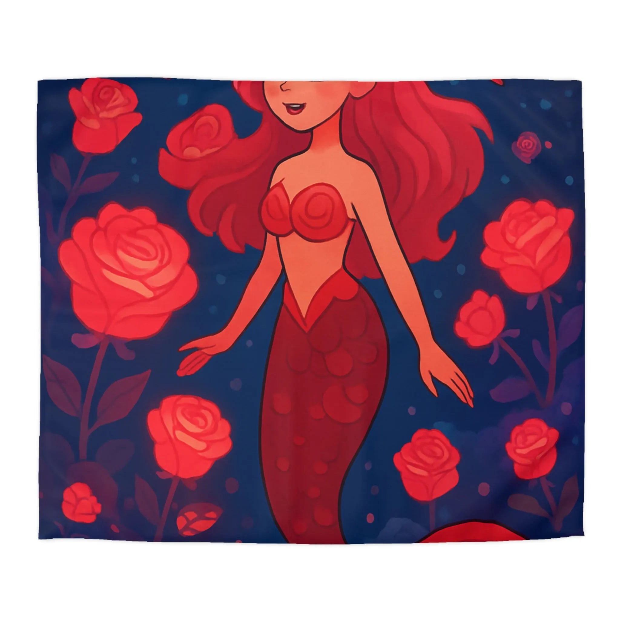 Enchantante scène de sirène rouge entourée de roses lumineuses et poissons fascinants