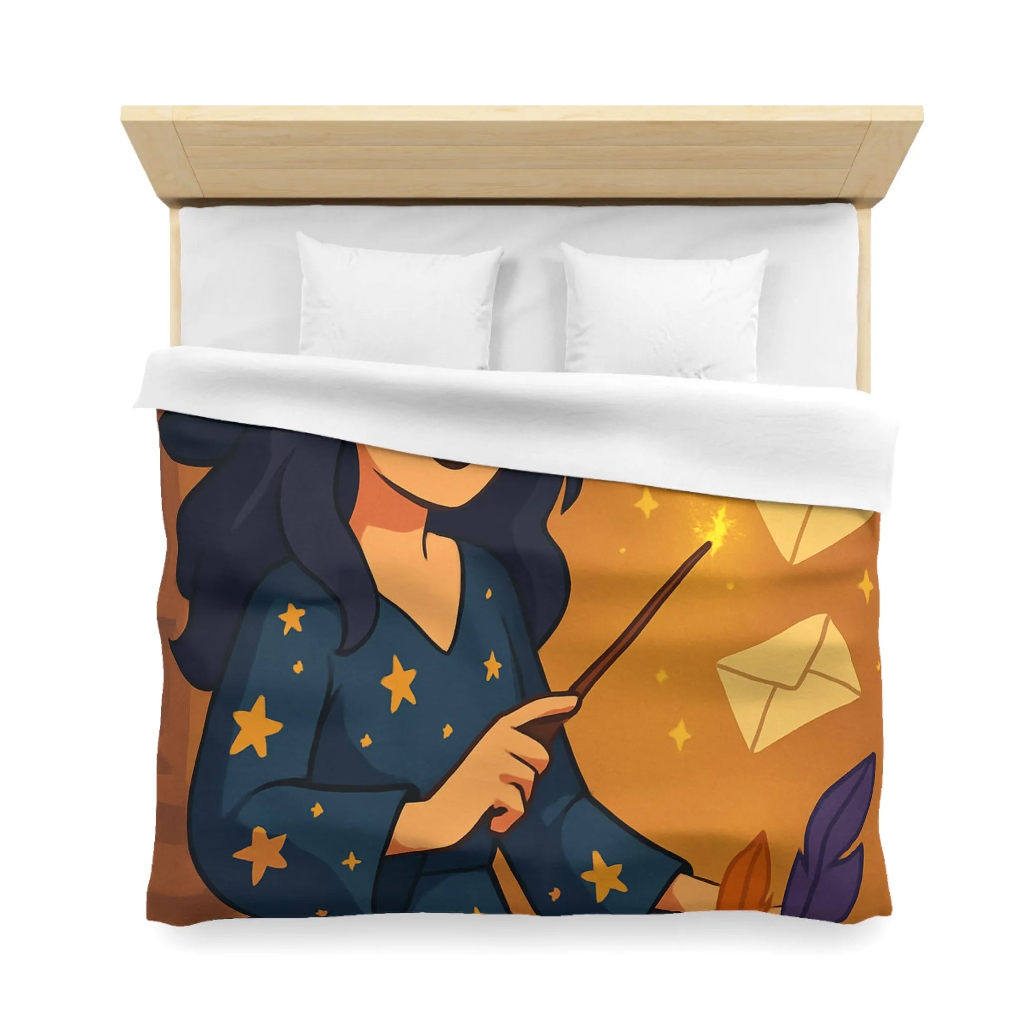 Housse de couette magique avec apprentie sorcière, quill et enveloppes flottantes animées