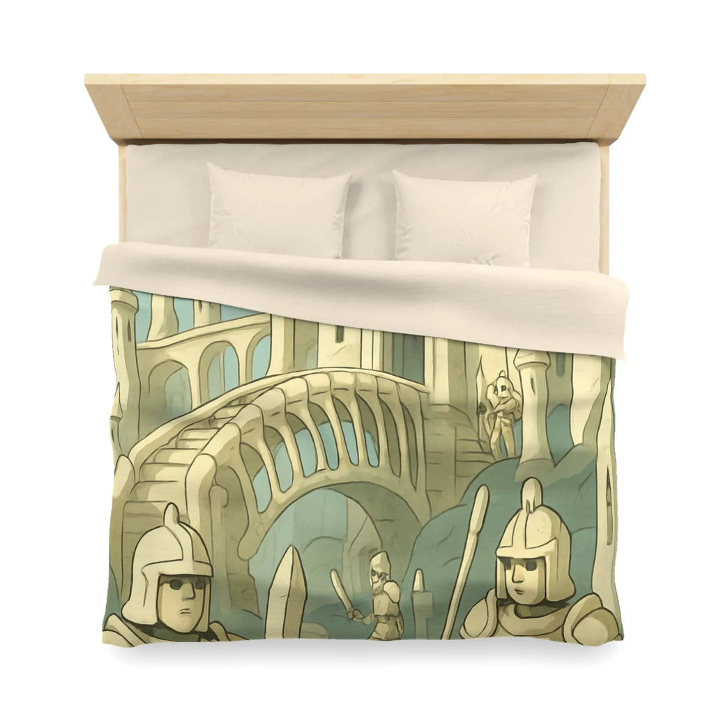 Housse de couette médiévale illustrée avec château crâne et chevaliers en armure