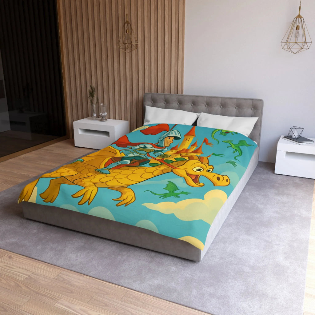 Housse de couette avec chevalier courageux chevauchant un dragon doré au-dessus château fantastique