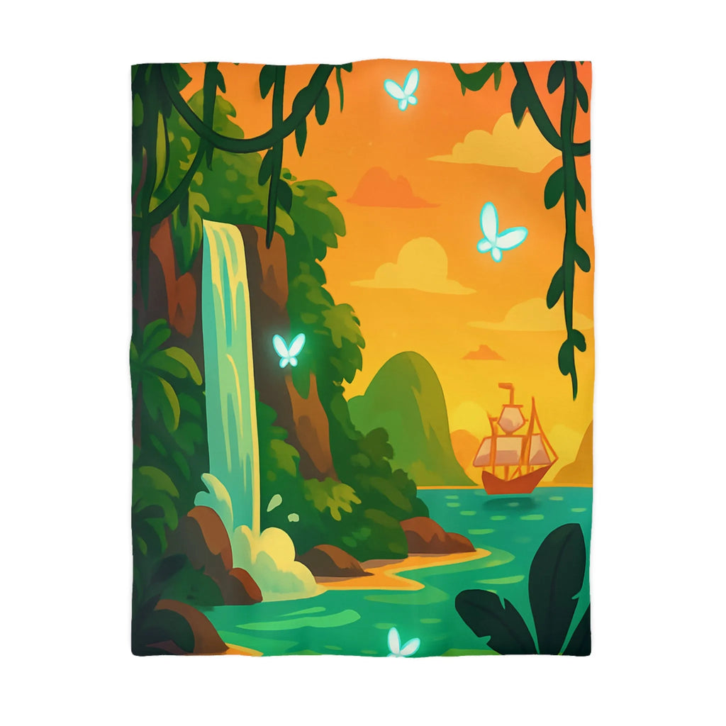 Housse de couette exotique avec cascade, papillons lumineux et bateau au coucher du soleil