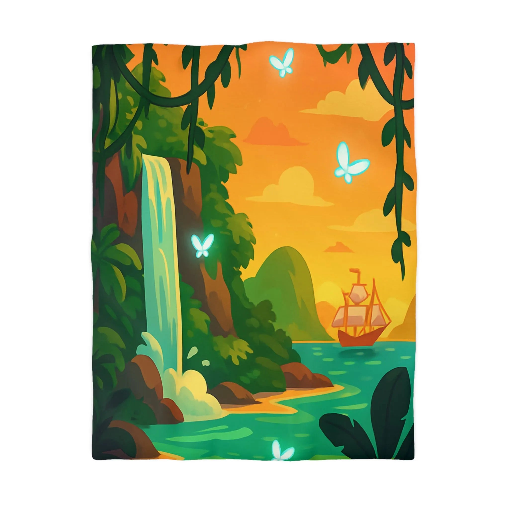 Housse de couette exotique avec cascade, papillons lumineux et bateau au coucher du soleil