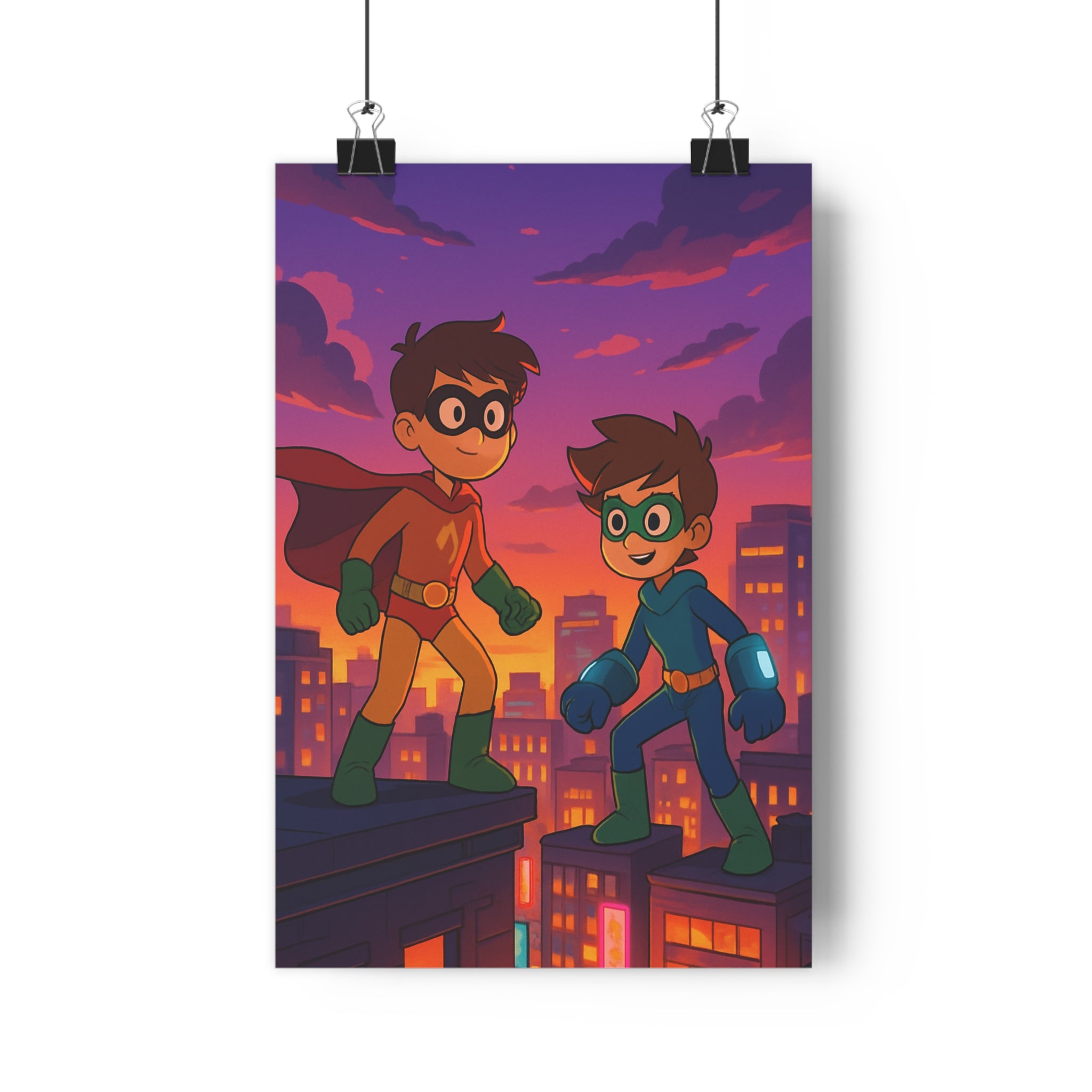 Poster décoratif superhéros urbain coloré dessin animé vintage nostalgique aventure chambre enfant mural style