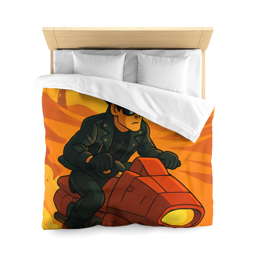 Housse de couette moto futuriste sur désert orangé avec soleil couchant et ruines