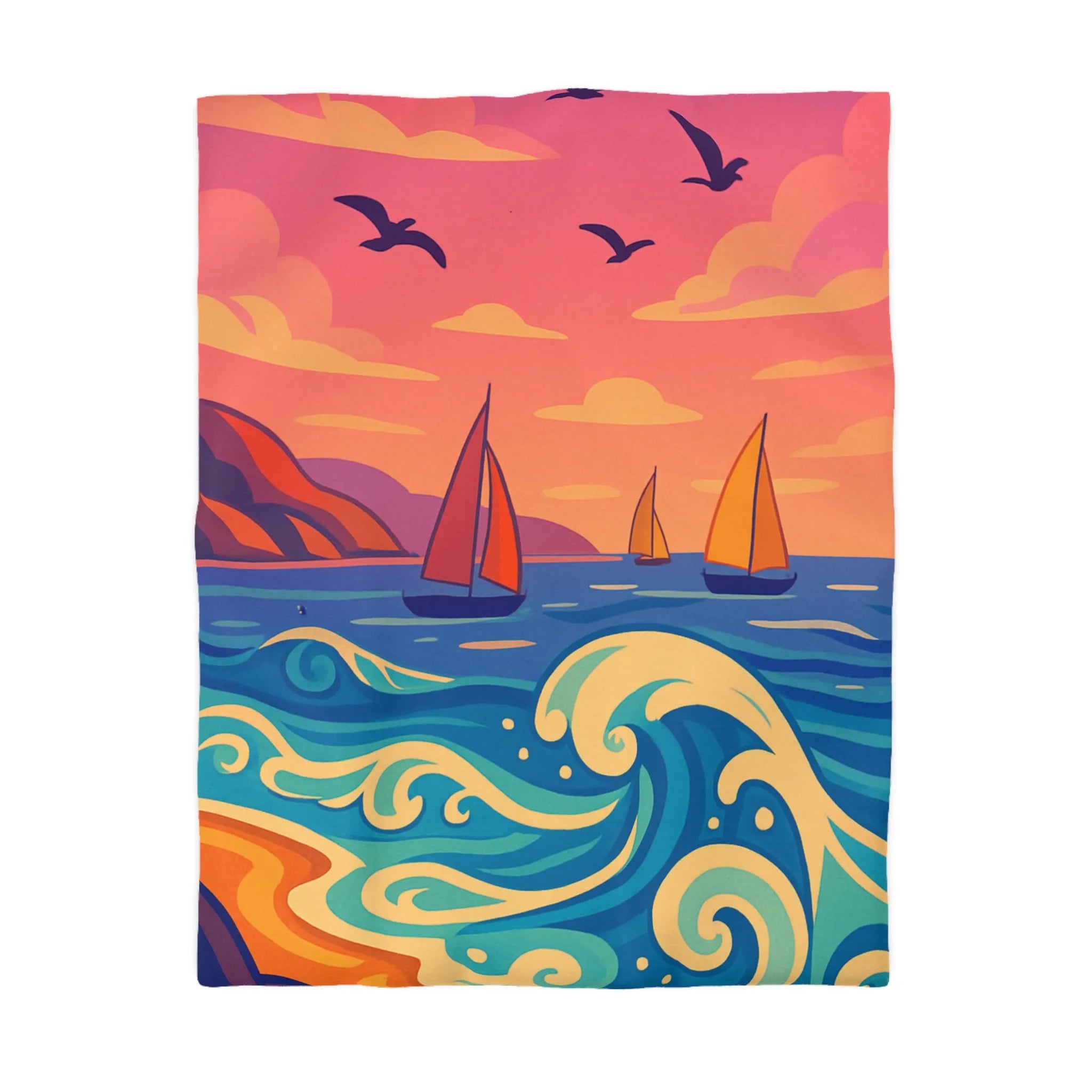 Housse de couette colorée avec paysage marin, voiliers et coucher de soleil vibrant