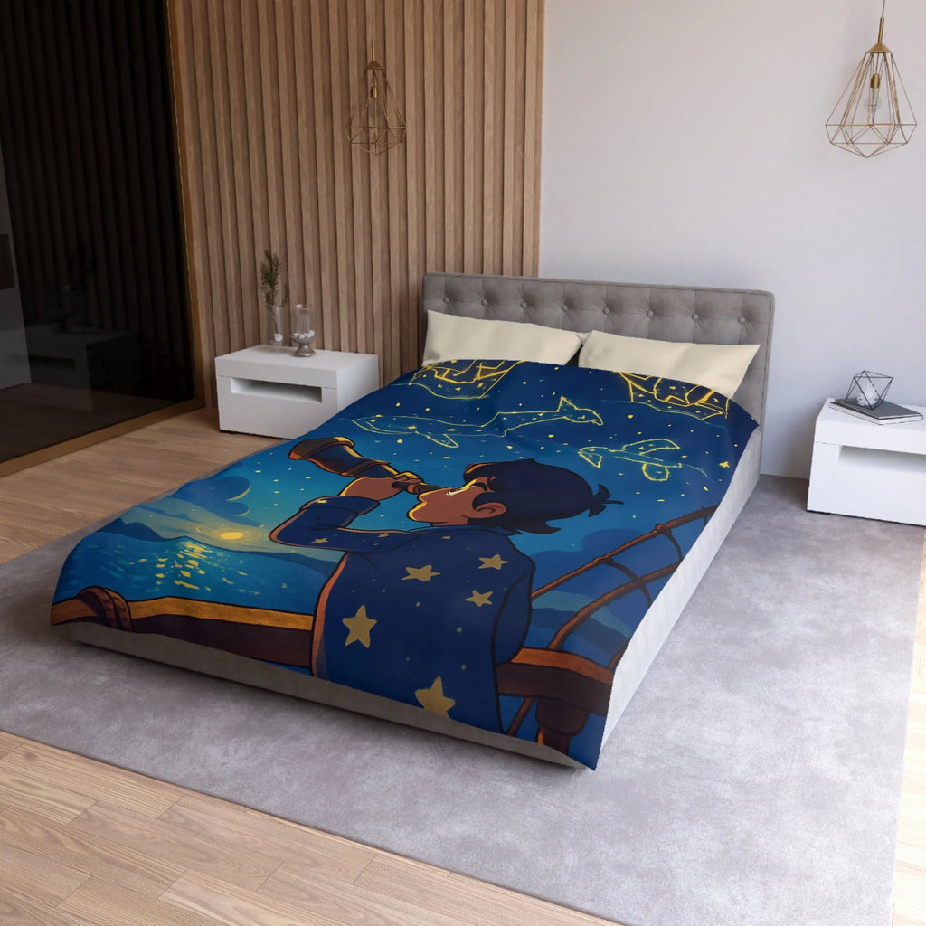 Housse de Couette Étoilée Enfant Rêveur Observant Constellations Célestes Bleu Nuit