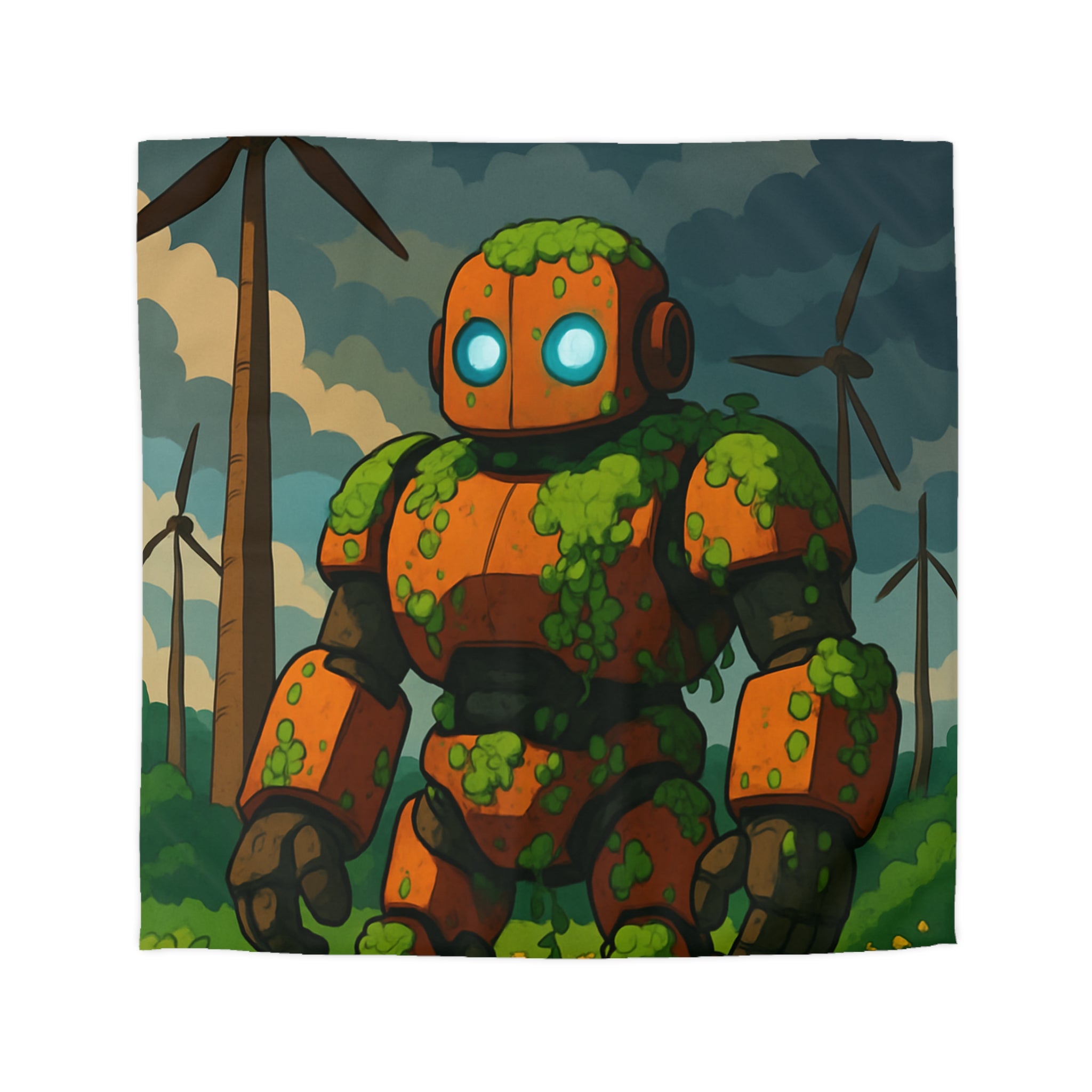 Housse de couette robot et éoliennes, motif nature et technologie, ambiance verte apaisante