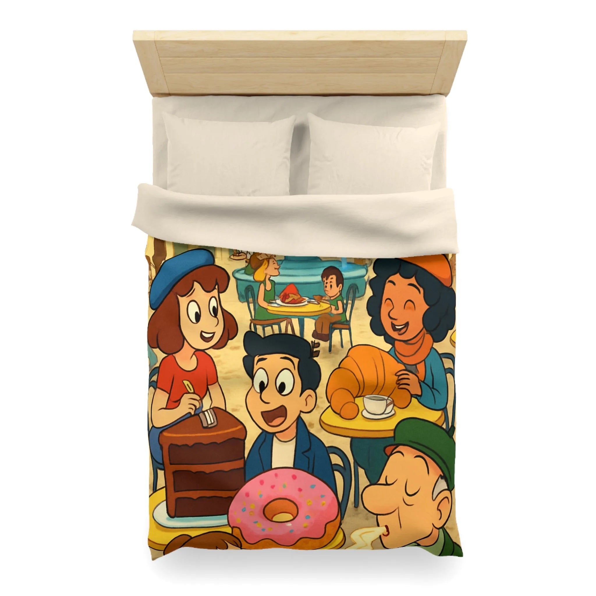 Housse de Couette Illustrée Café Parisien Déjeuner en Plein Air Ambiance Automnale Colorée