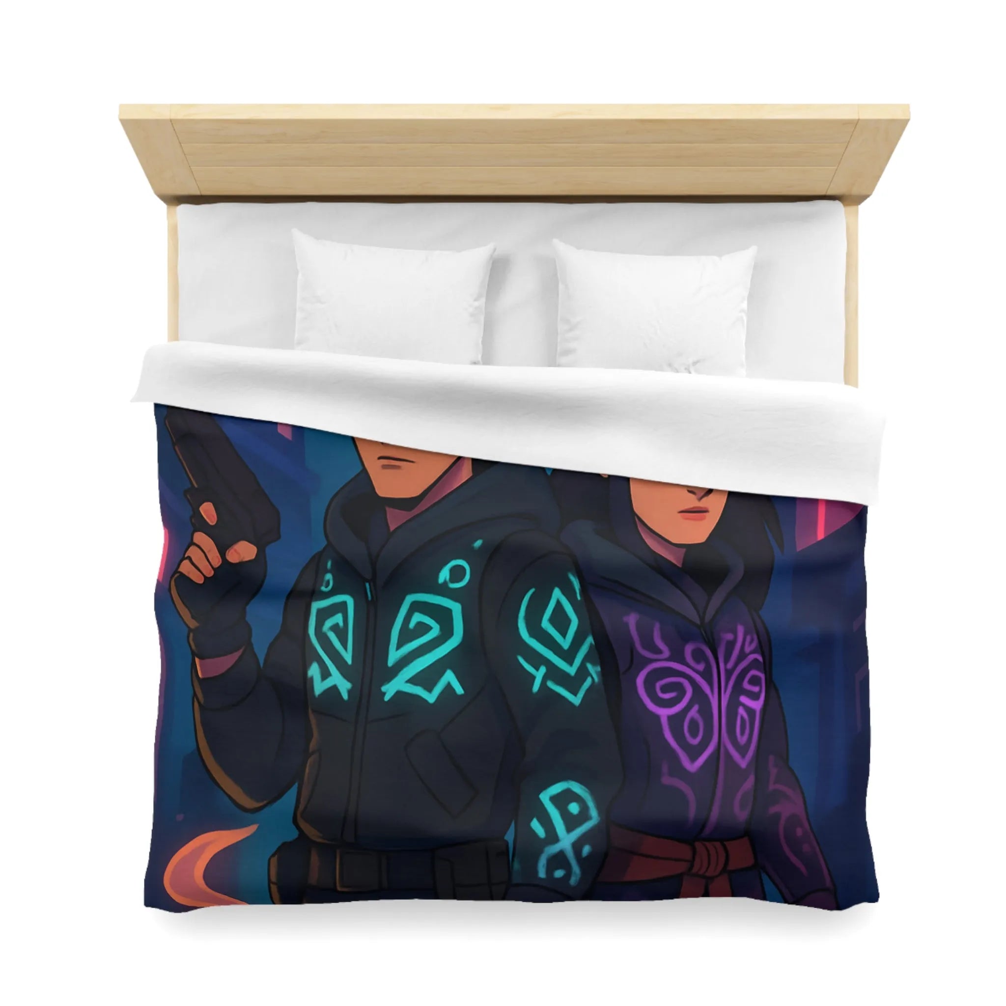 Housse de couette avec motifs mystiques de loup et hibou luminescents en néon urbain