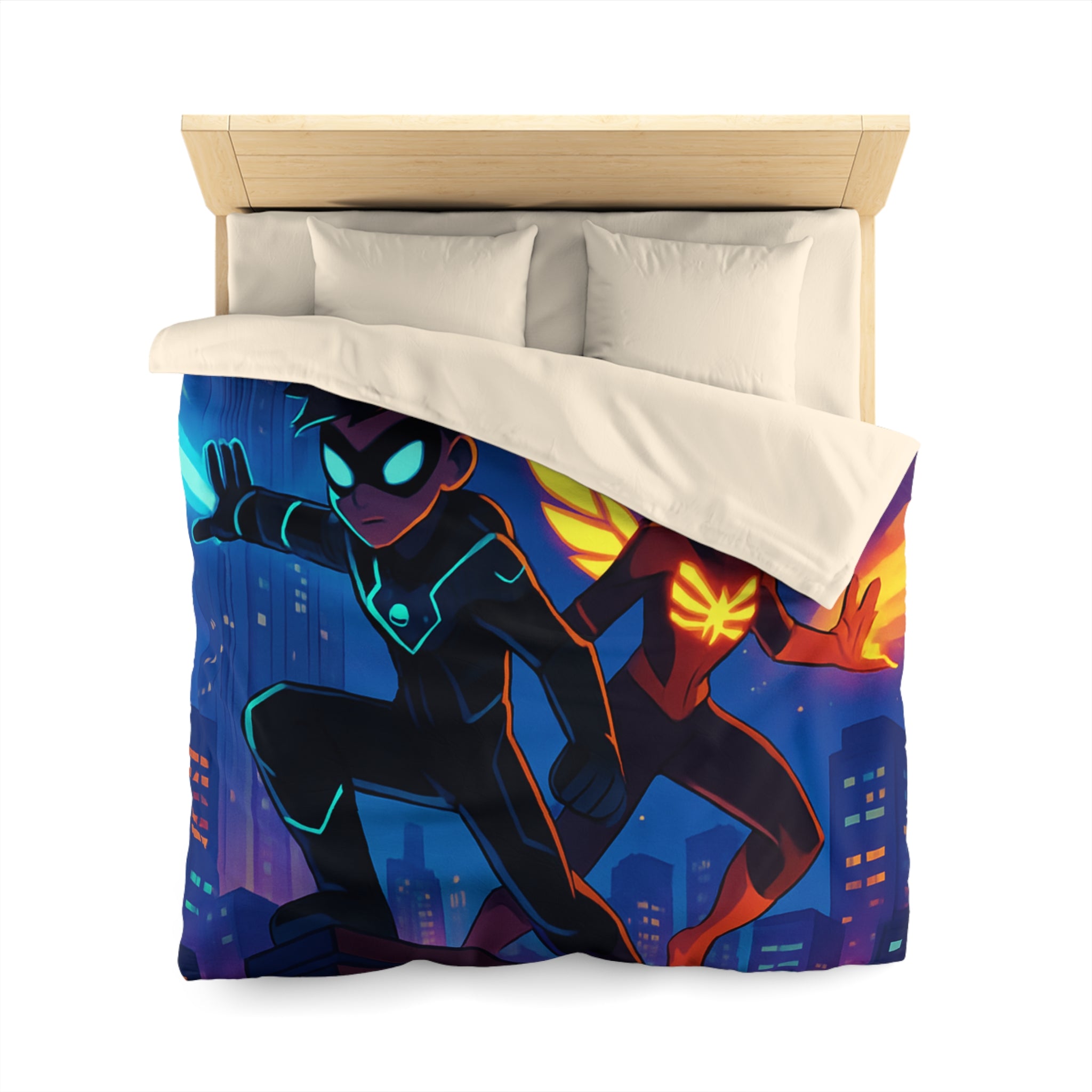 Housse de couette super-héros urbain : ambiance dynamique, couleurs vives, motifs modernes et audacieux