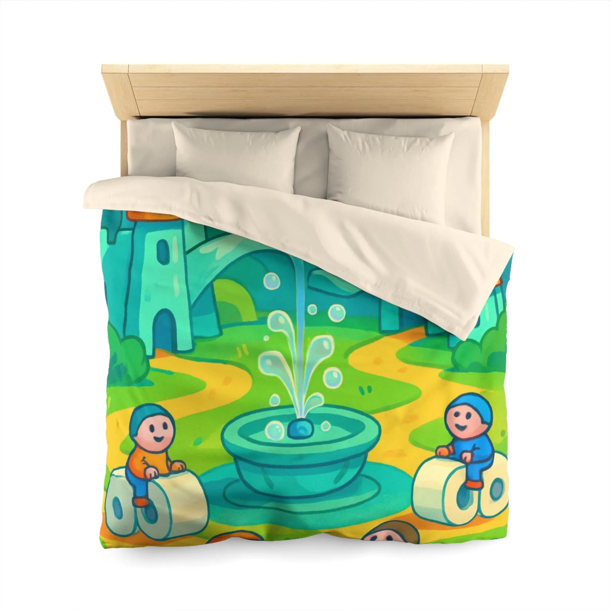 Housse de couette joyeuse avec château et enfants sur routes animées et colorées