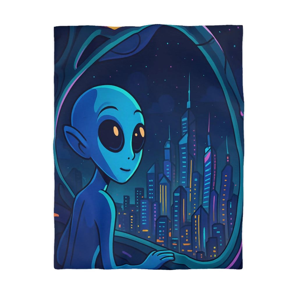 Housse de couette avec extraterrestre bleu contemplant métropole futuriste depuis vaisseau spatial