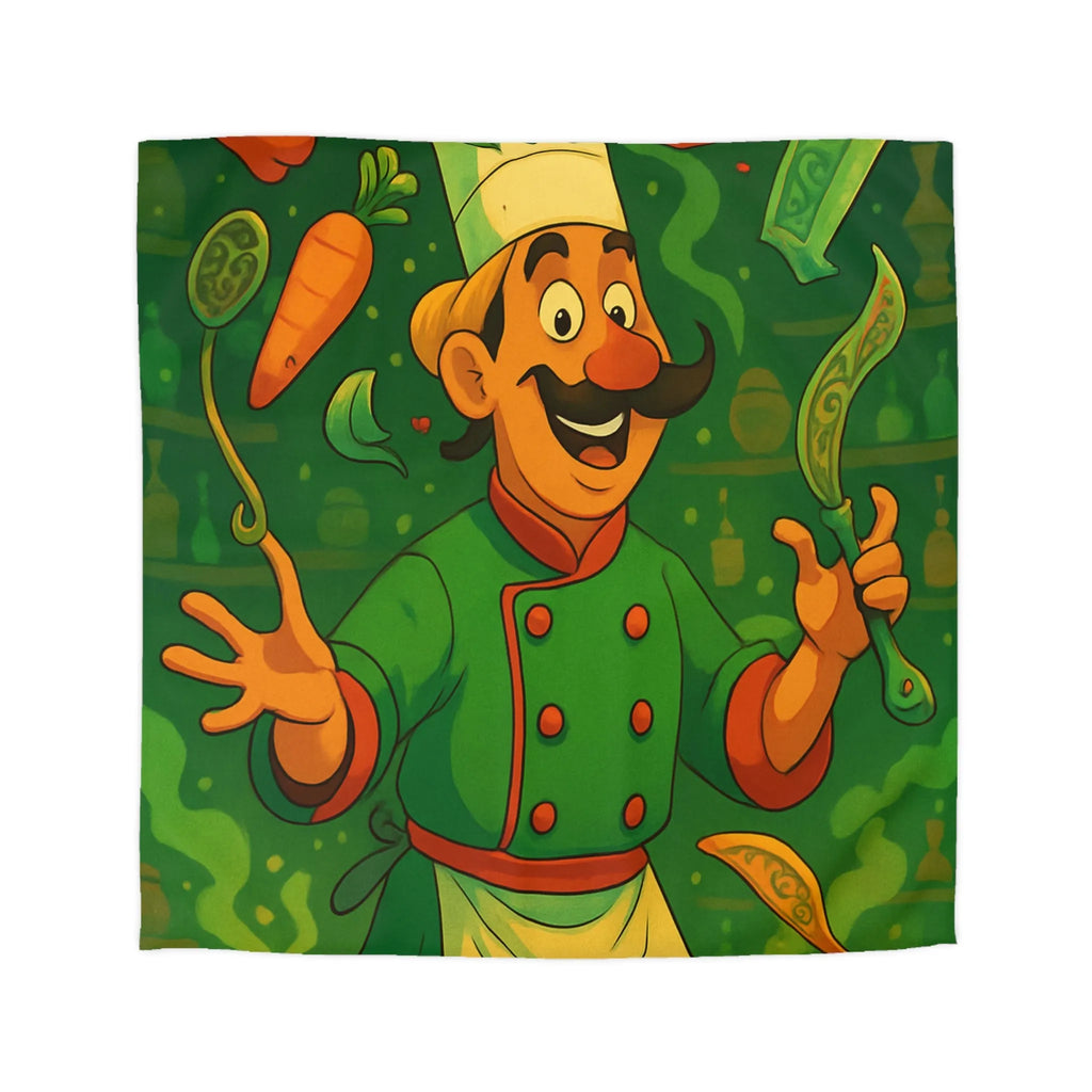 Housse De Couette Chef Cartoon Coloré Jonglant Avec Légumes Dans Cuisine Magique Verte
