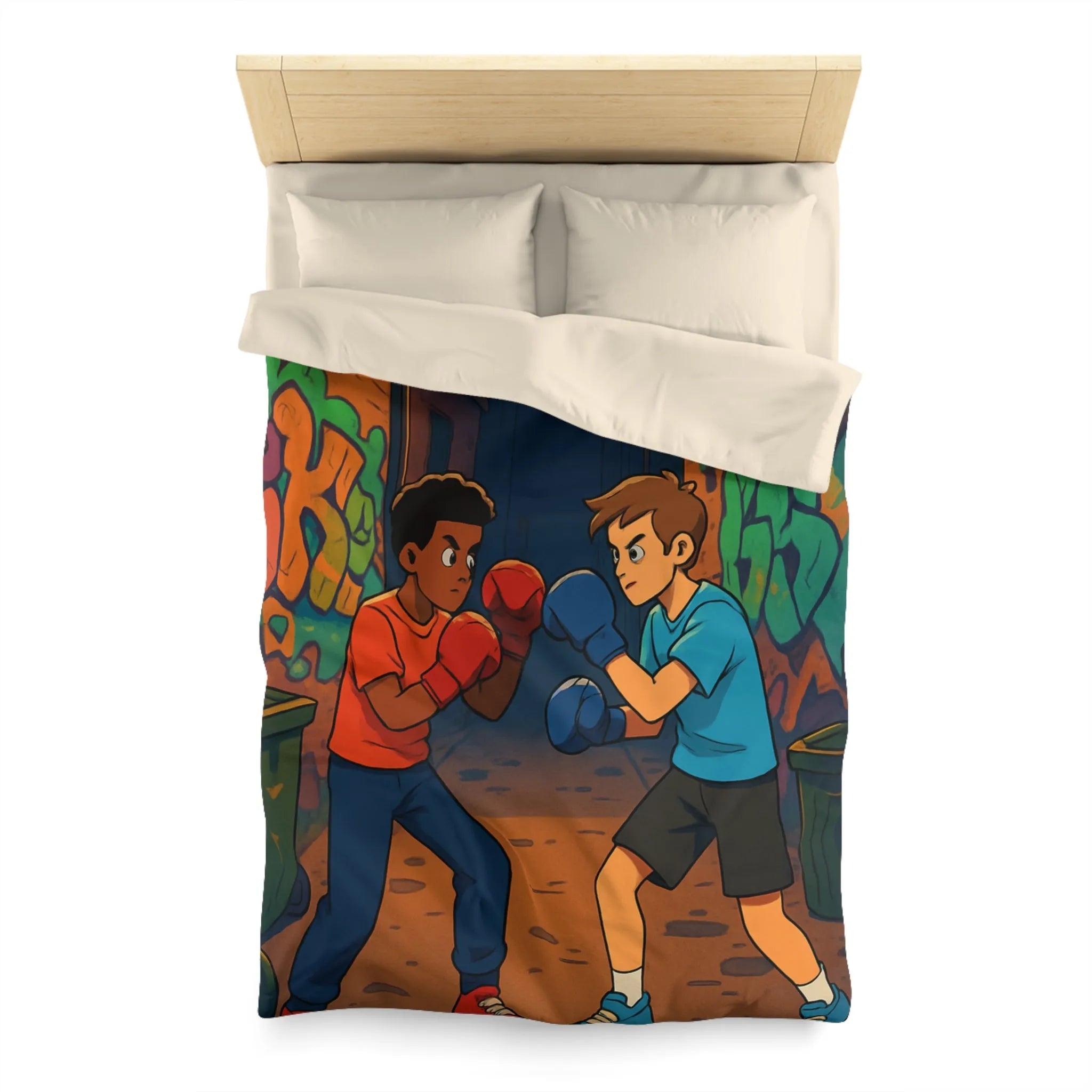 Housse De Couette Boxe Enfantine Nuit Sur Rue Graffitée Avec Lampadaires Illuminés