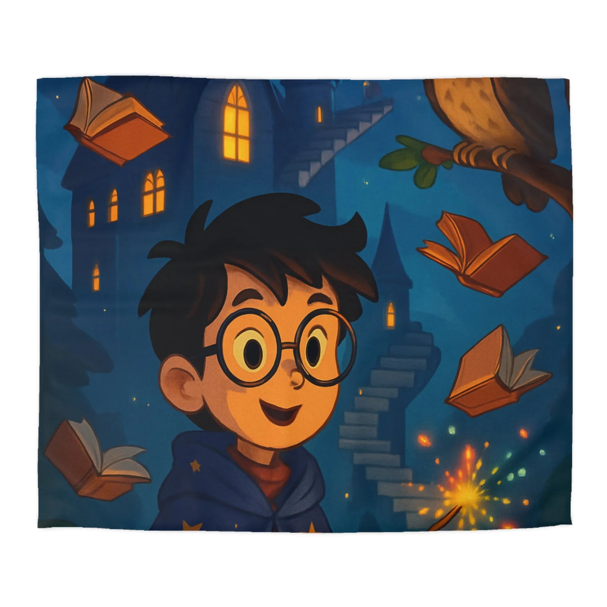 Housse de couette magique avec sorcier, hibou, château et livres enchantés étoiles