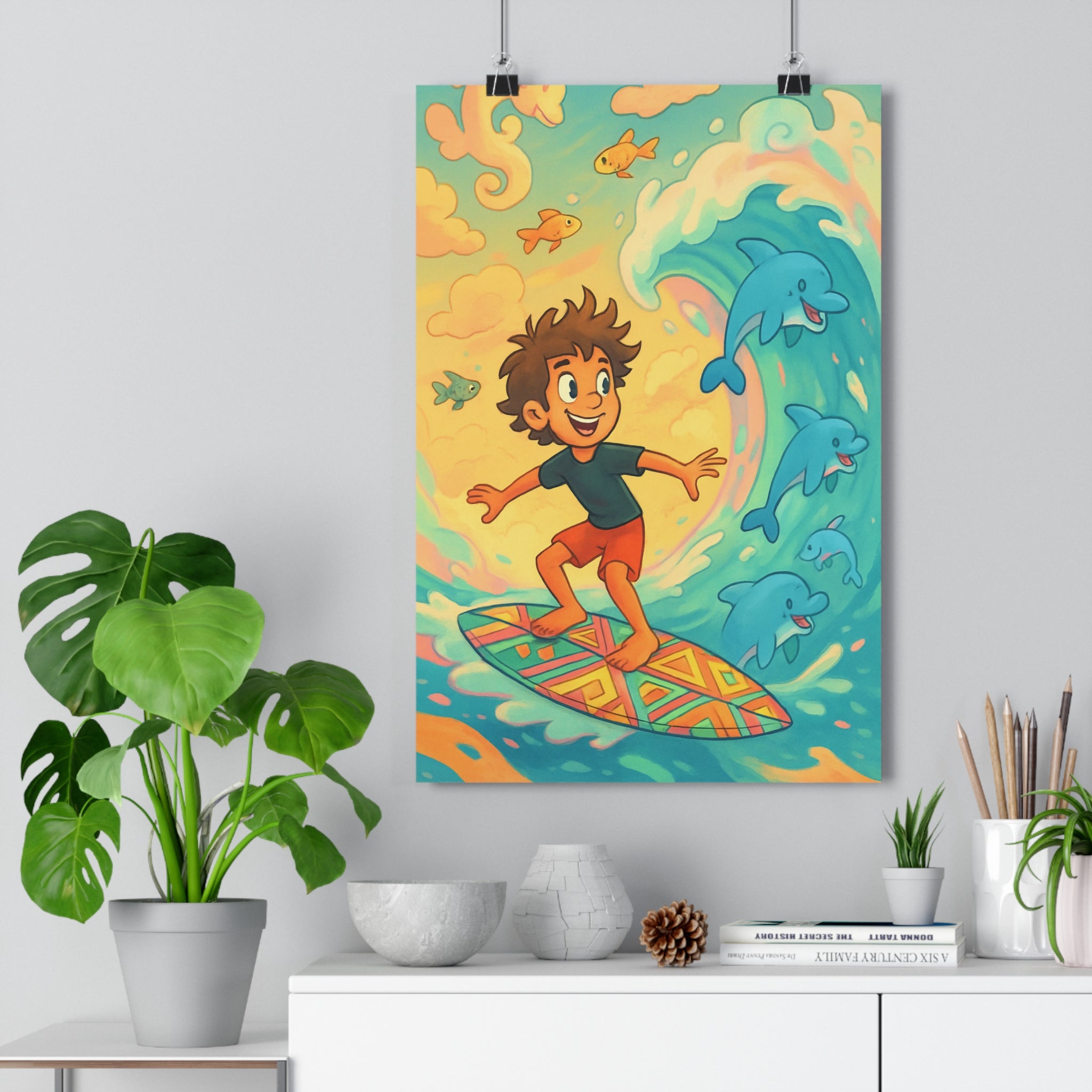 Poster décoratif cartoon surf enfant joyeux bleu orange chambre océan magique vibrant mural tendance