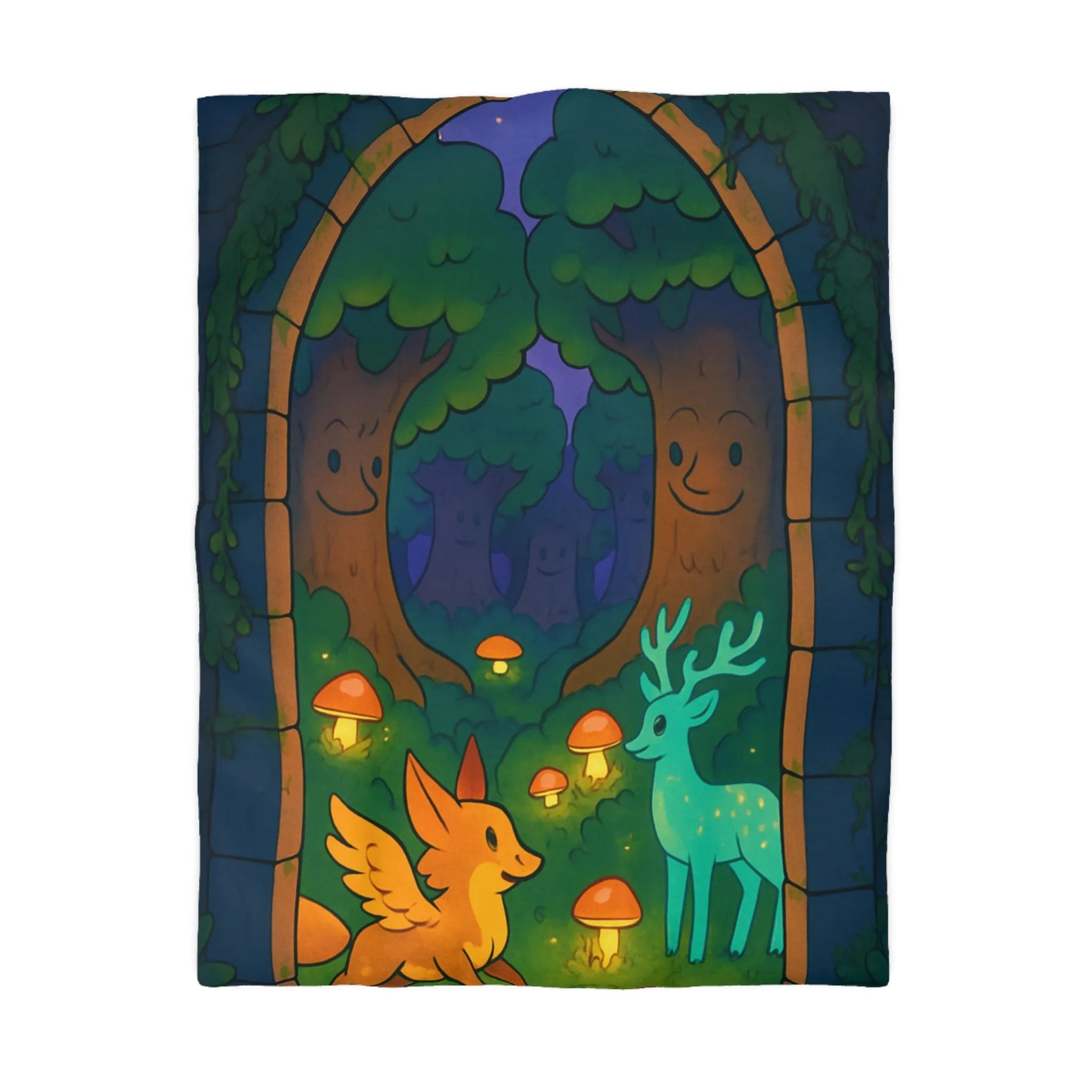 Housse de couette magique forêt enchantée avec créatures féériques et champignons lumineux