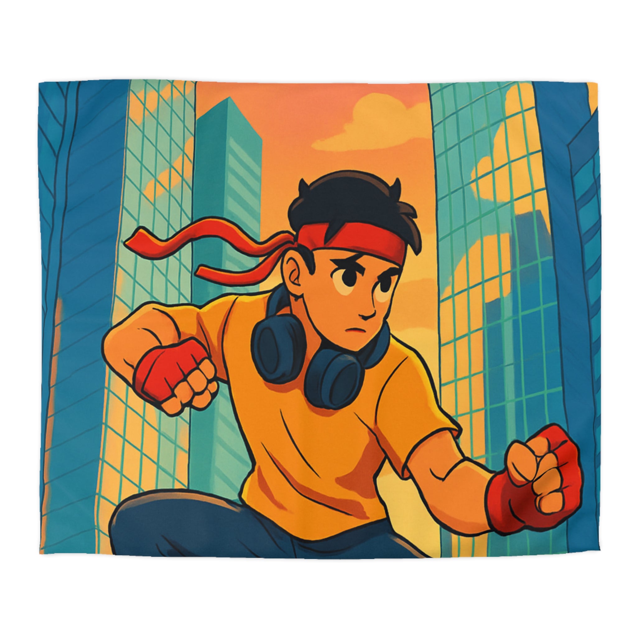 Housse de Couette Style Urbain Colorée avec Jeune Héros en Ville Moderne