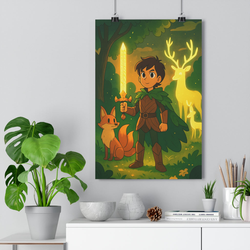 Poster décoratif fantastique cartoon forêt vert orange ambiance mystique adolescent chambre épée renard 30x46
