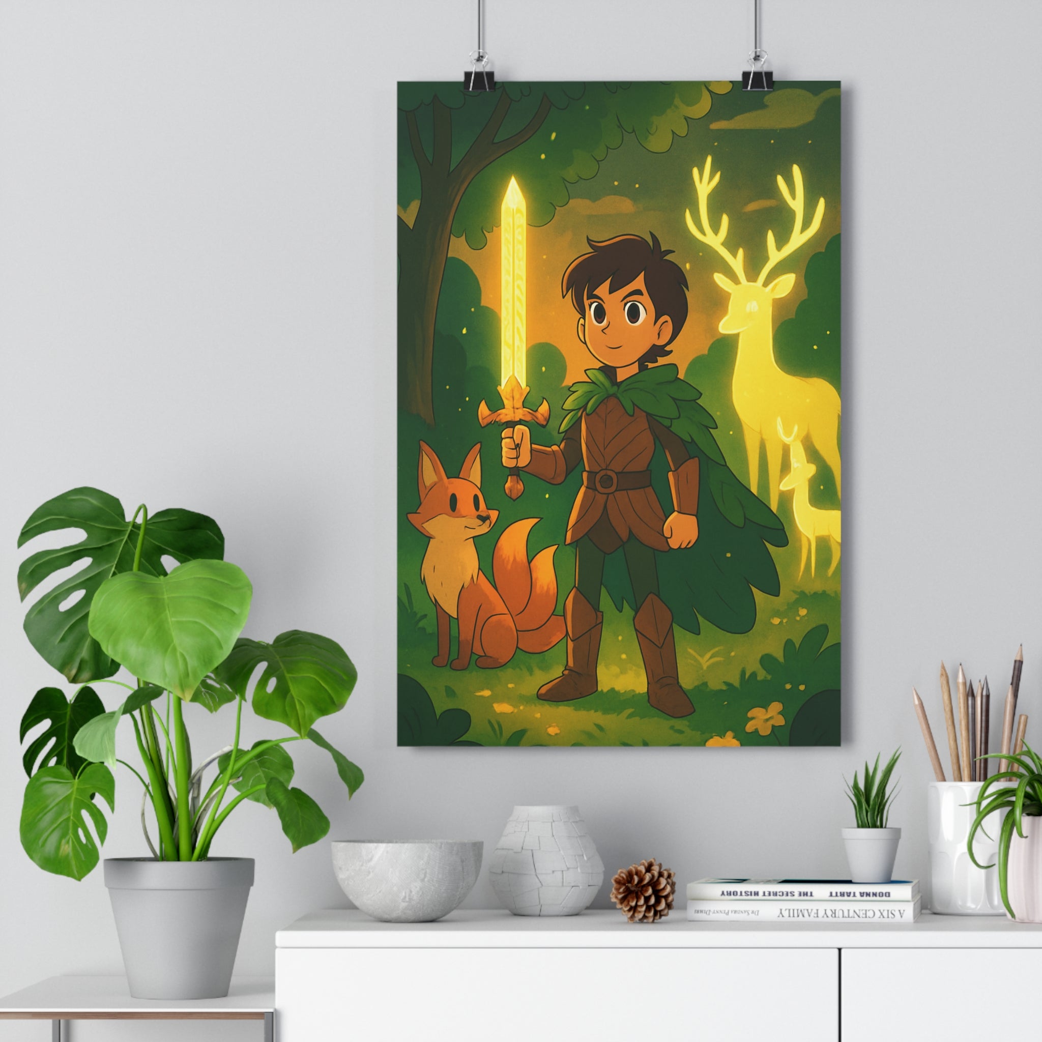Poster décoratif fantastique cartoon forêt vert orange ambiance mystique adolescent chambre épée renard 30x46