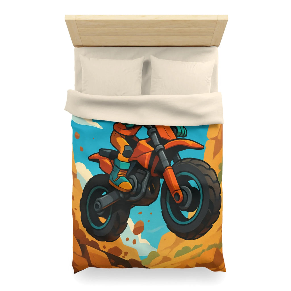 Housse de couette enfant motocross orange avec paysage montagneux et ciel bleu vif