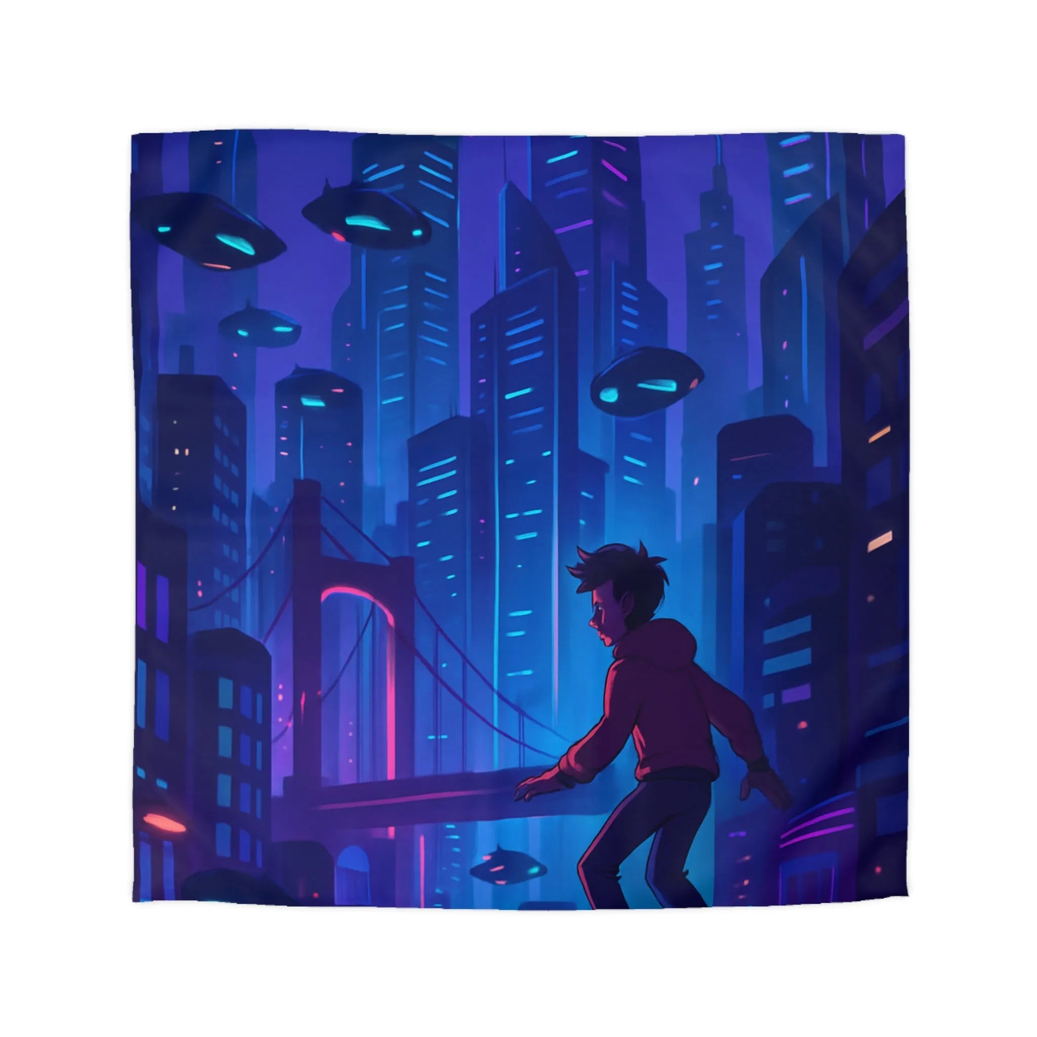 Housse de couette futuriste avec ville néon et skateur volant, ambiance cyberpunk moderne