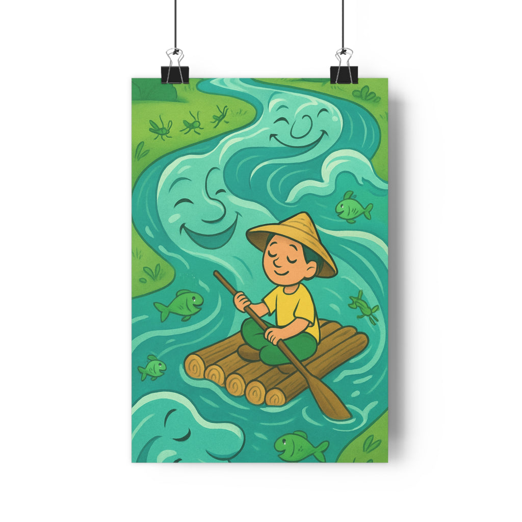 Poster décoratif enfant dessin animé vert joyeux rivière poissons paysage chambre nature gaieté qualité