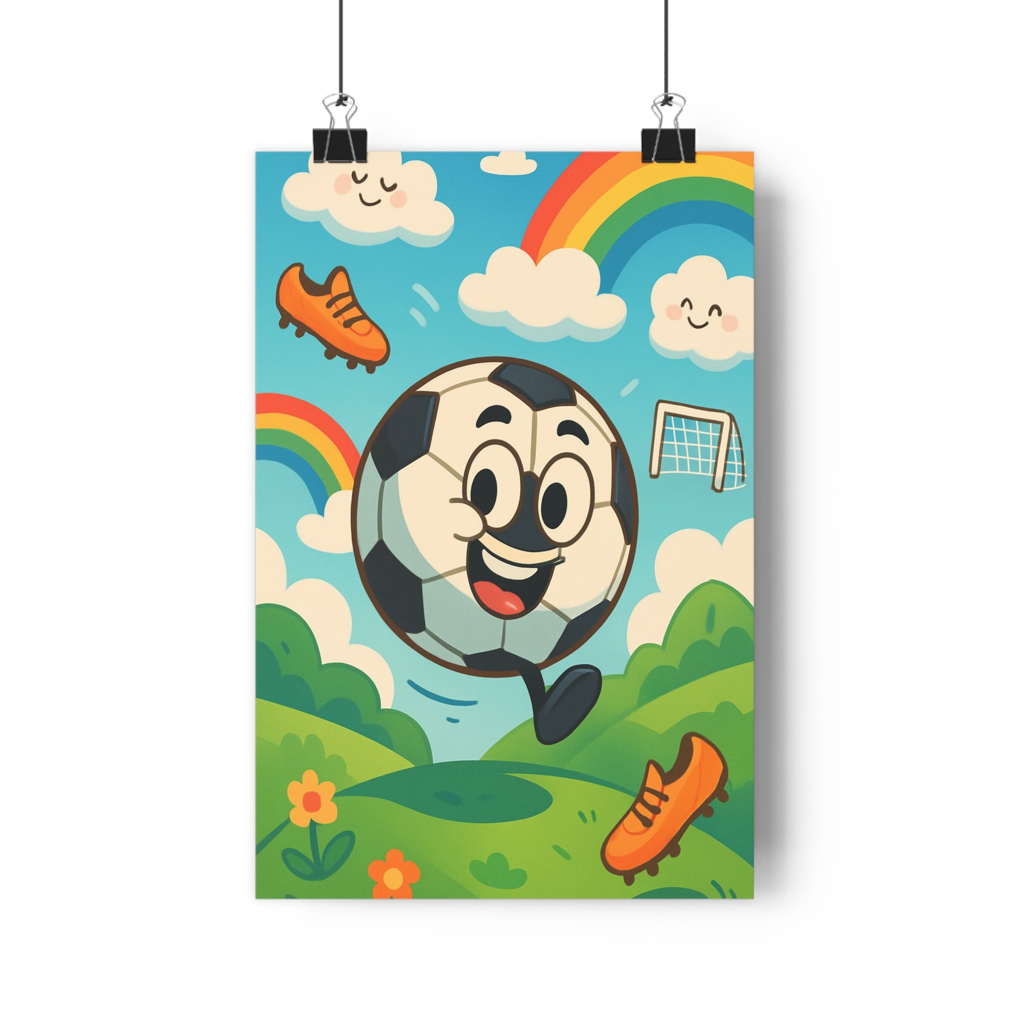 Poster décoratif cartoon football joyeux enfant bleu vert jaune chambre ludique aventure fantaisie art