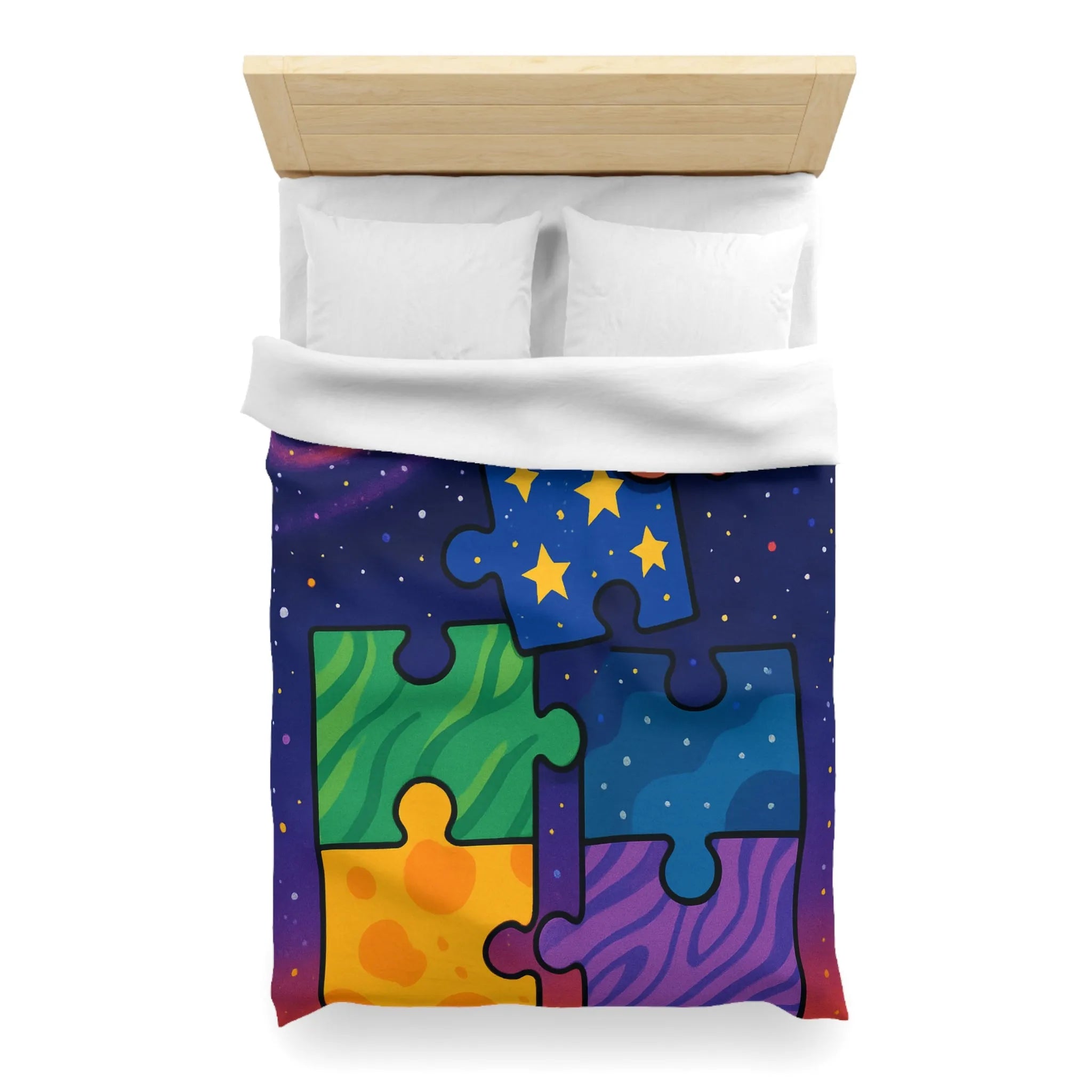 Housse de couette colorée avec motifs puzzle vibrants et design cosmique étoilé