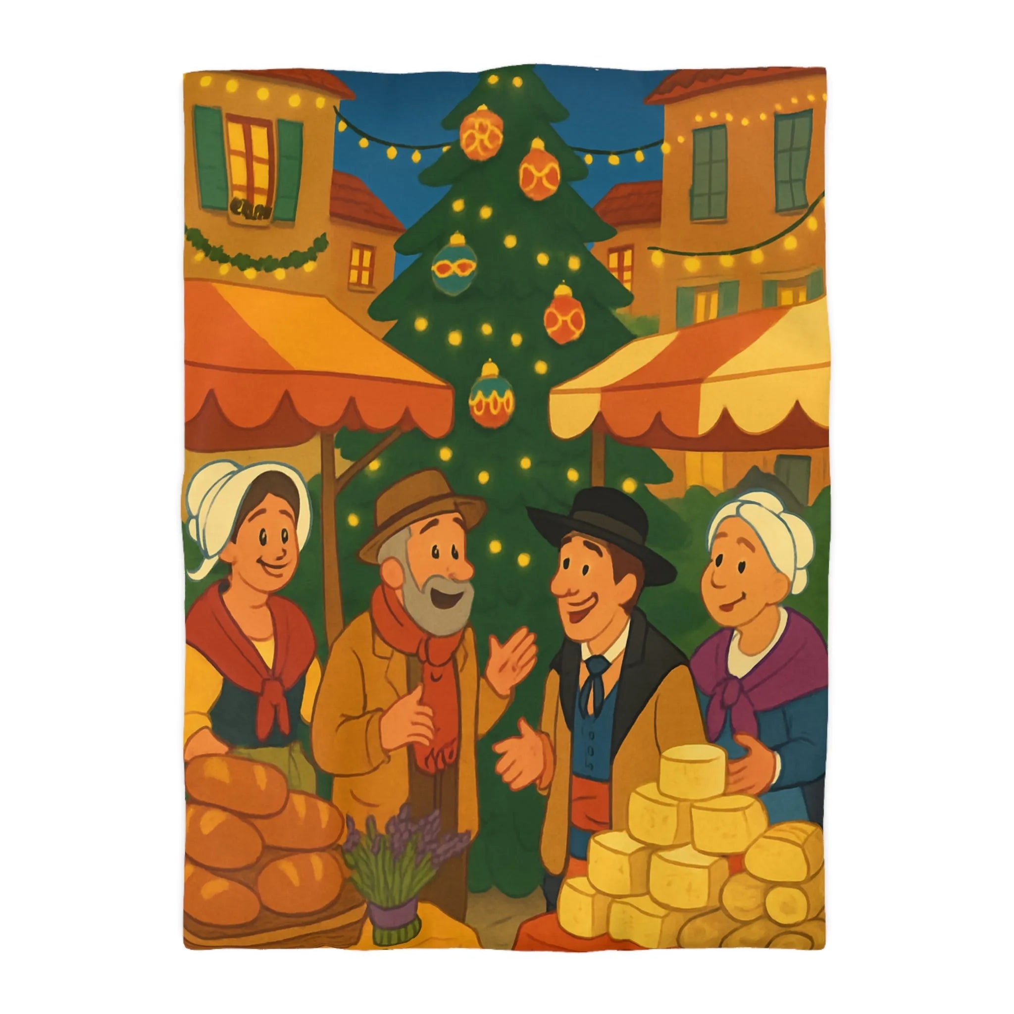 Housse de couette festive avec marché de Noël et sapin illuminé au village