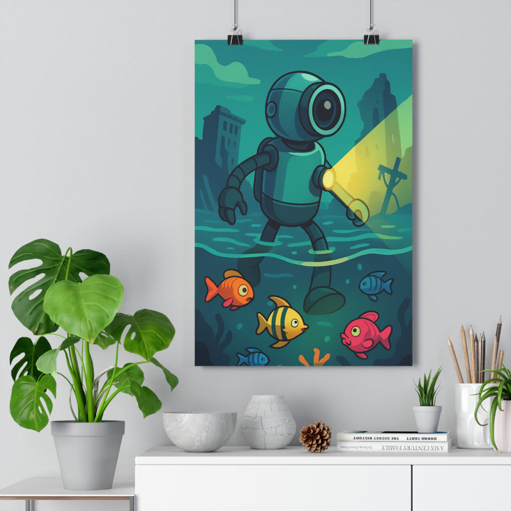 Poster décoratif dessin animé bleu jaune rouge aventure mystique bureau chambre enfant explorateur robot