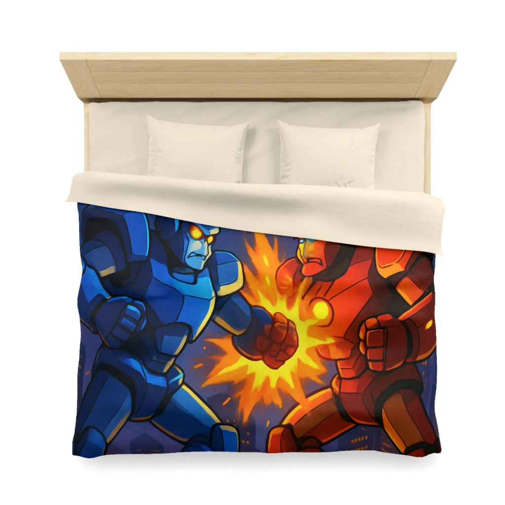 Housse de couette futuriste robots en combat dans une ville éclairée par l'orage