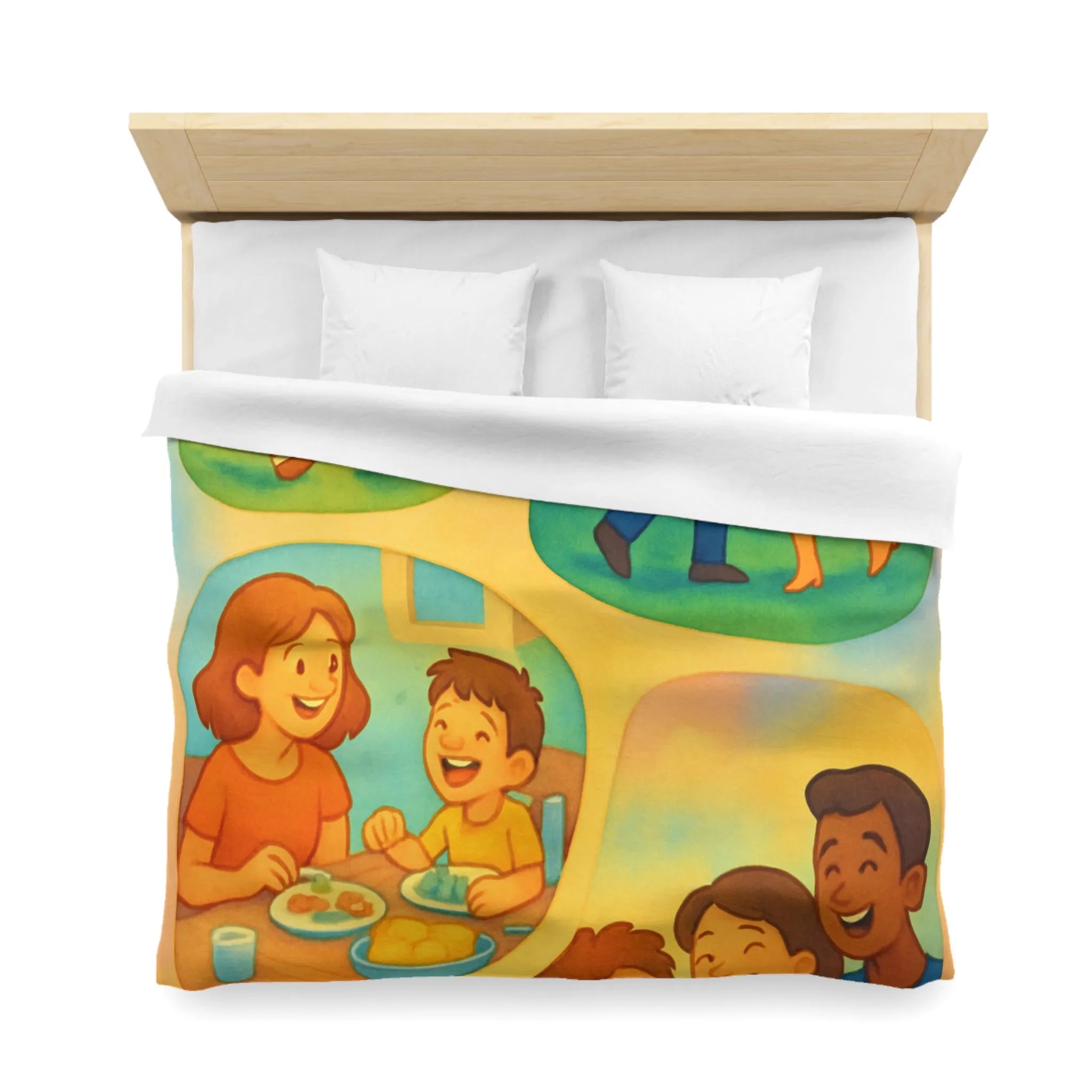 Housse de couette colorée illustrant des scènes joyeuses de la vie quotidienne familiale