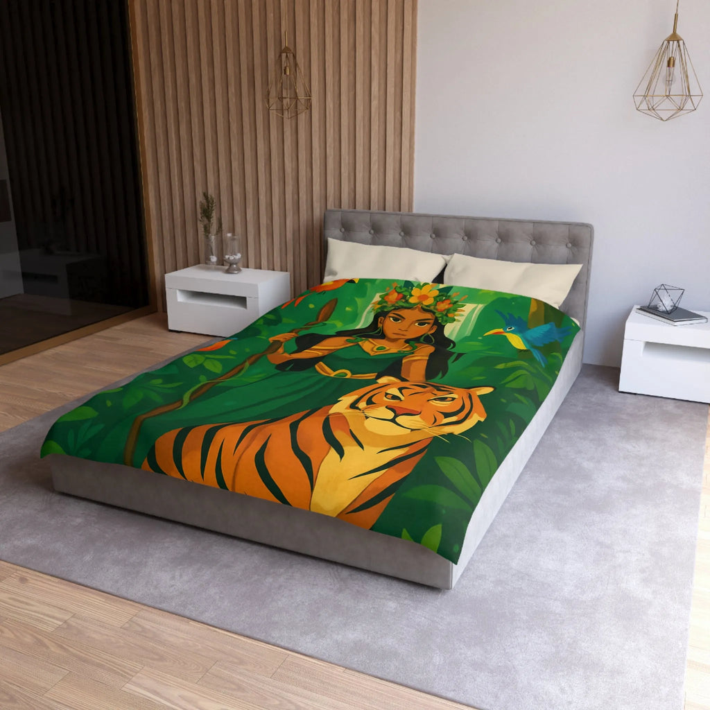 Housse de couette exotique avec tigre royal et gardienne mystique en forêt luxuriante