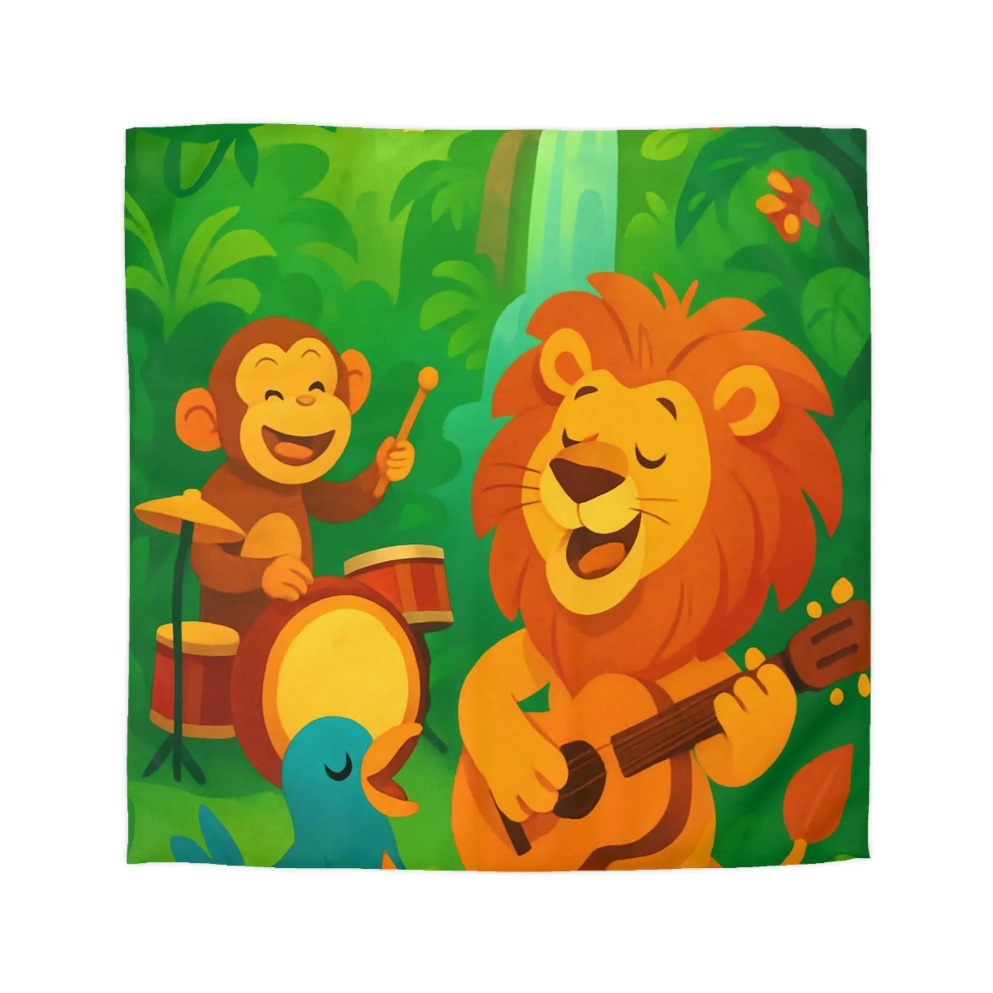 Housse de couette jungle colorée avec lion, singe, et oiseau musiciens joyeux