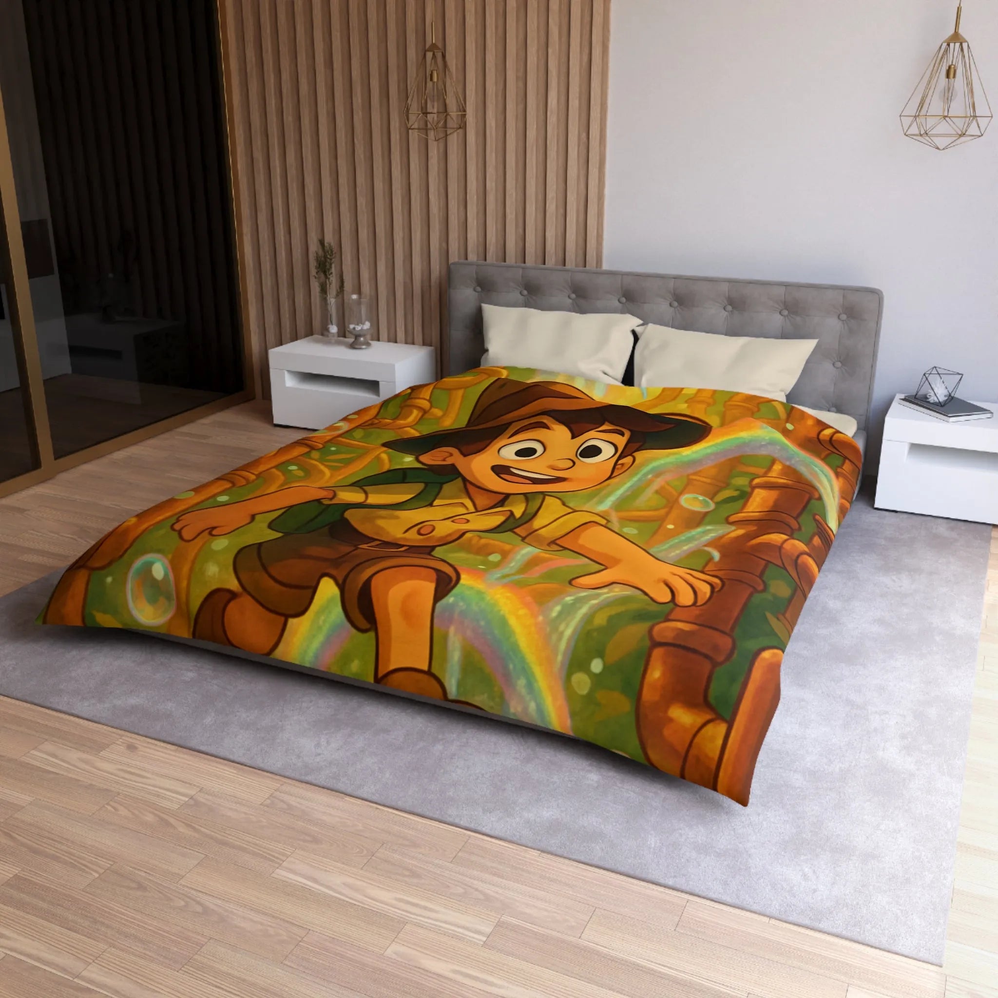 Housse de couette enfantine : garçon explorateur, tuyaux dorés, arcs-en-ciel et bulles joyeuses