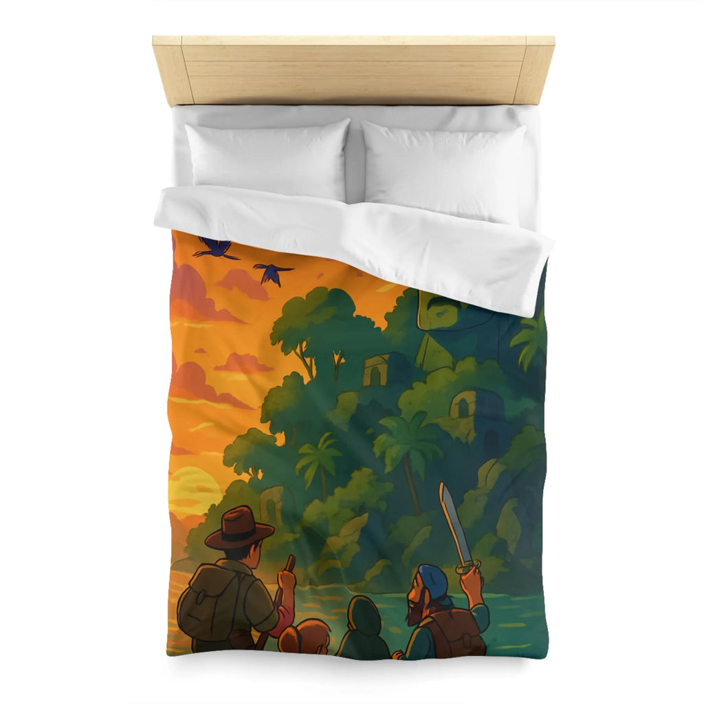 Housse de couette aventureuse avec scène tropicale au coucher du soleil et ruines mystérieuses