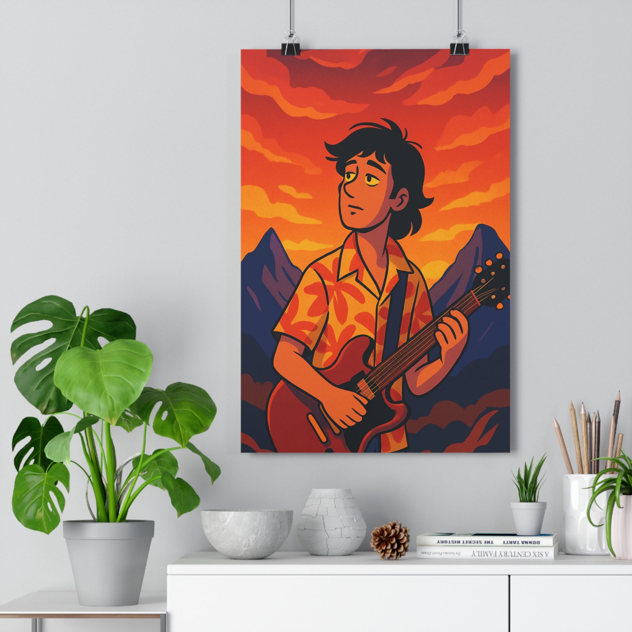 Poster décoratif vibrant artistique orange guitare montagne coucher soleil salon intérieur musical stylisé 30x46