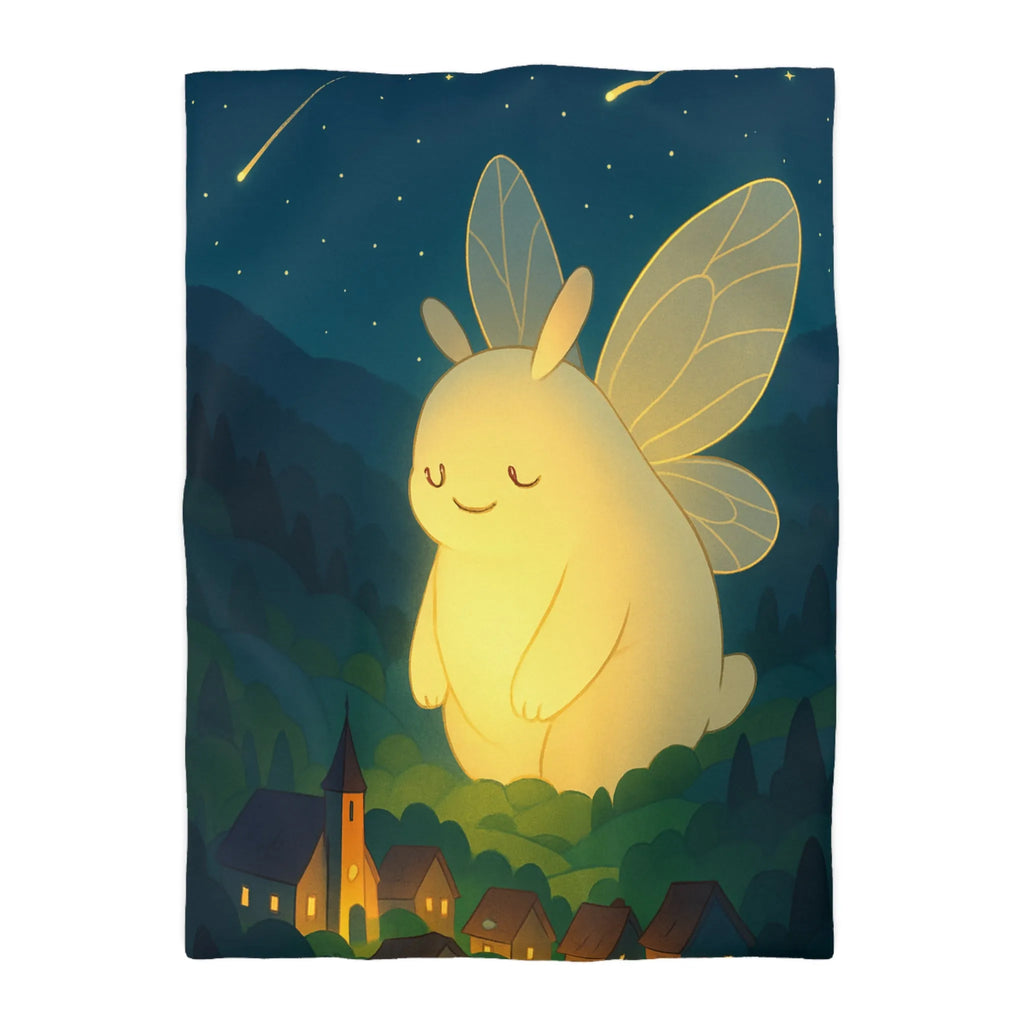 Housse de Couette Féérique avec Créature Lumineuse et Village Étoilé dans la Nuit