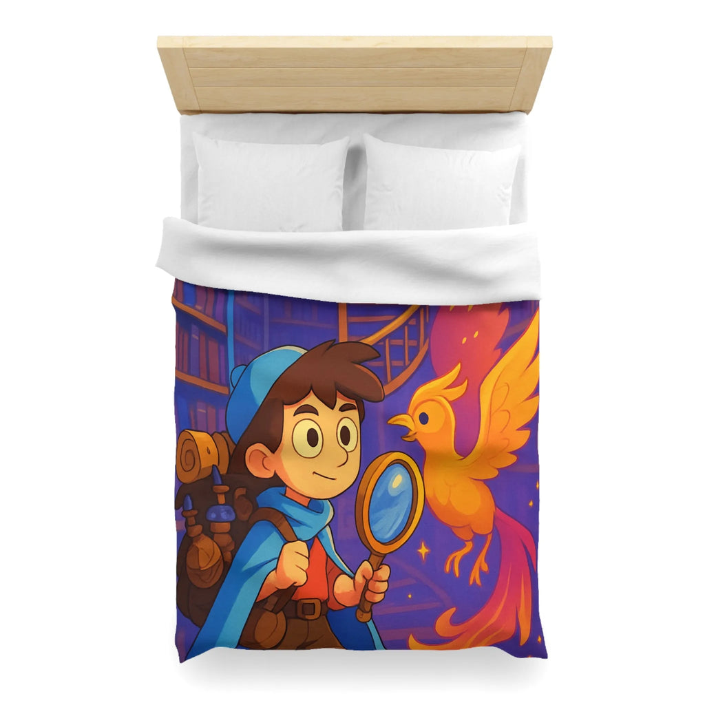 Housse de couette magique avec détective et phénix dans une bibliothèque enchanteresse