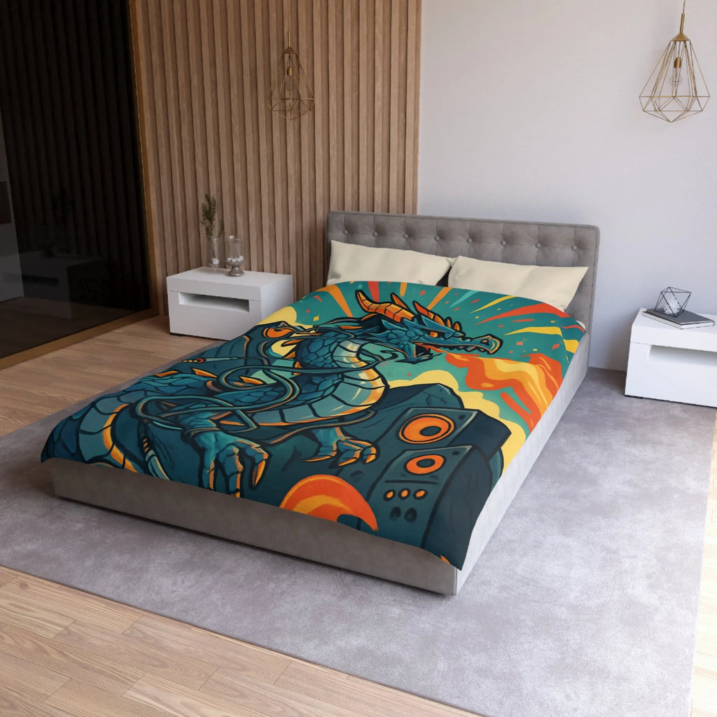 Housse de couette avec dragon fantaisie émettant flammes et musique vibrante rétro