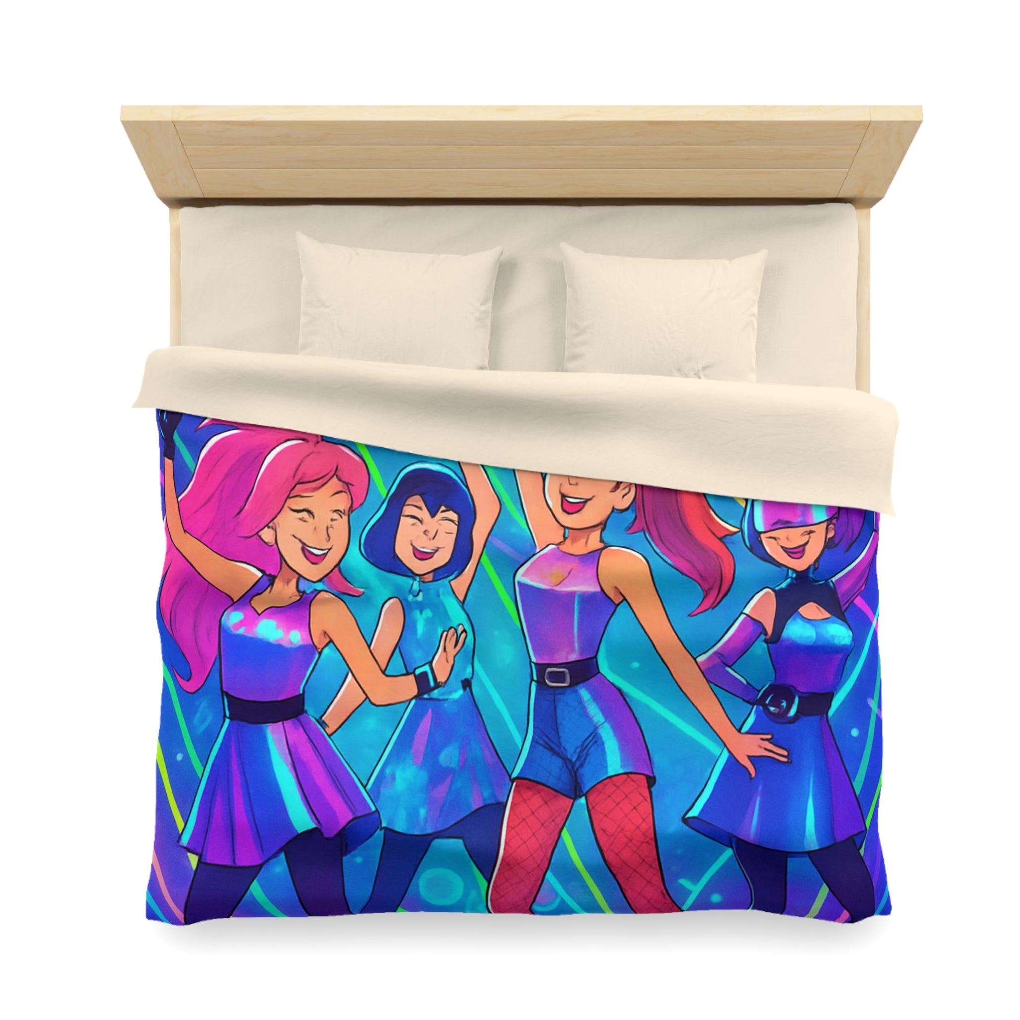 Housse de couette techno disco avec danseuses rétro en néons et figures géométriques