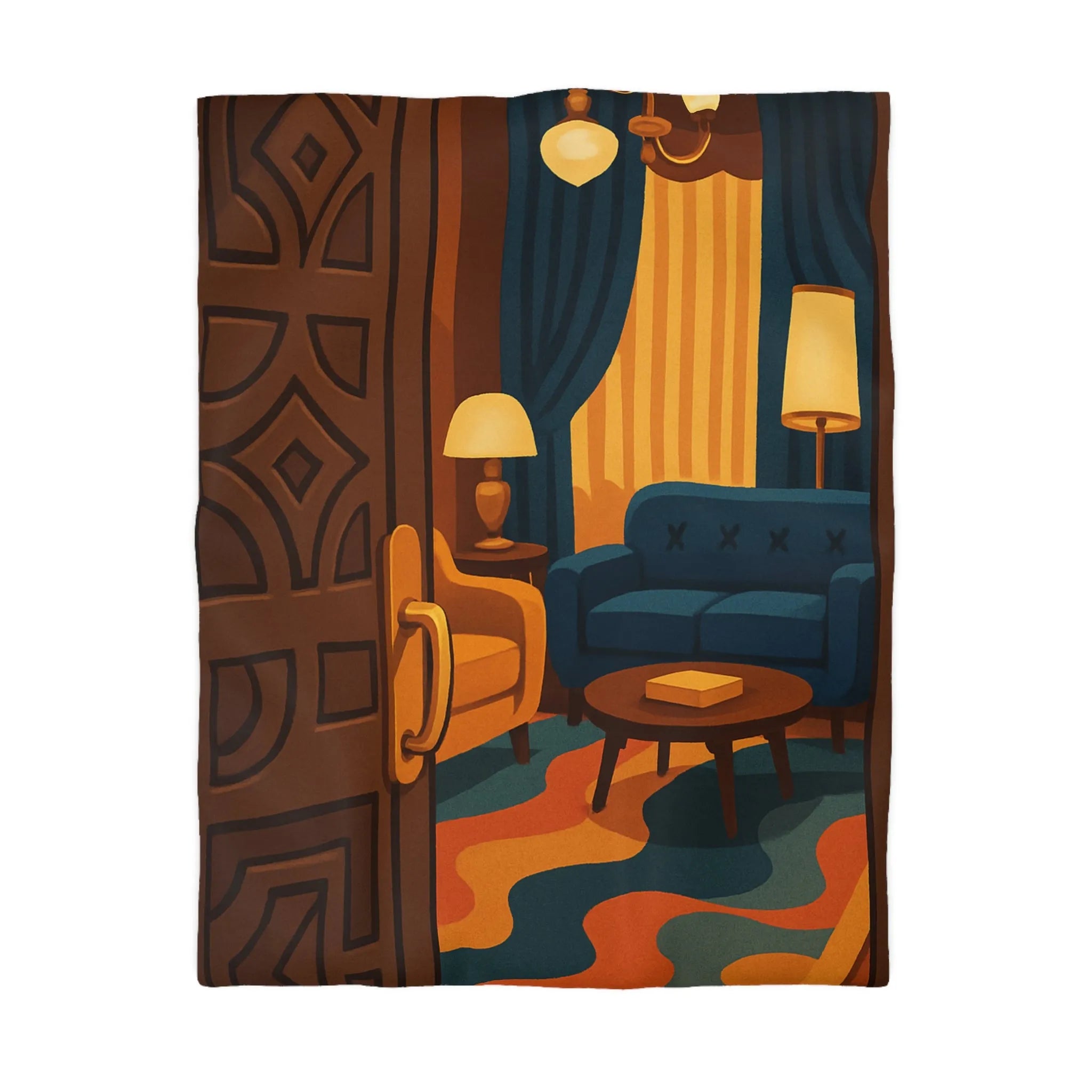 Élégante chambre rétro avec fauteuils modernes et rideaux en velours bleu nuit