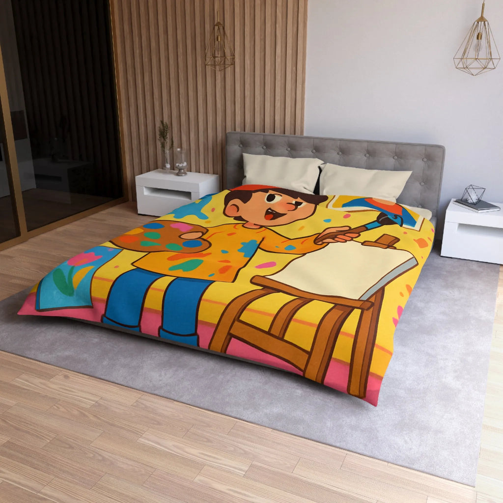 Housse de Couette Colorée avec Motif Artiste Enfant Peignant dans un Atelier Joyeux